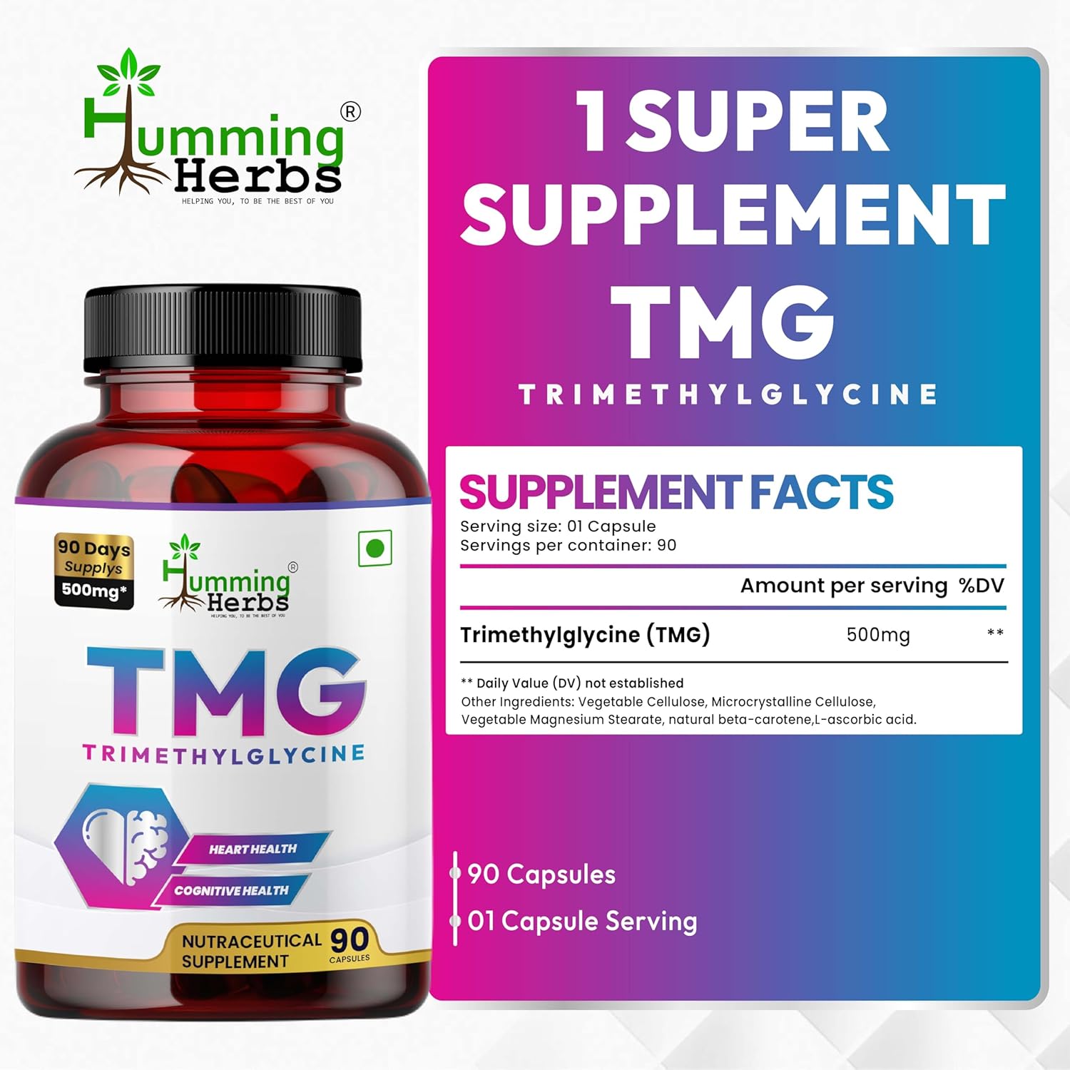 Humming Herbs TMG Supplement Trimethylglycine 500 mg – 90 Vegan Capsules | Microcrystalline Encapsulation for Enhanced Bioavailability | Methyl Donor for Heart, Brain, & Homocysteine Support - Image 2
