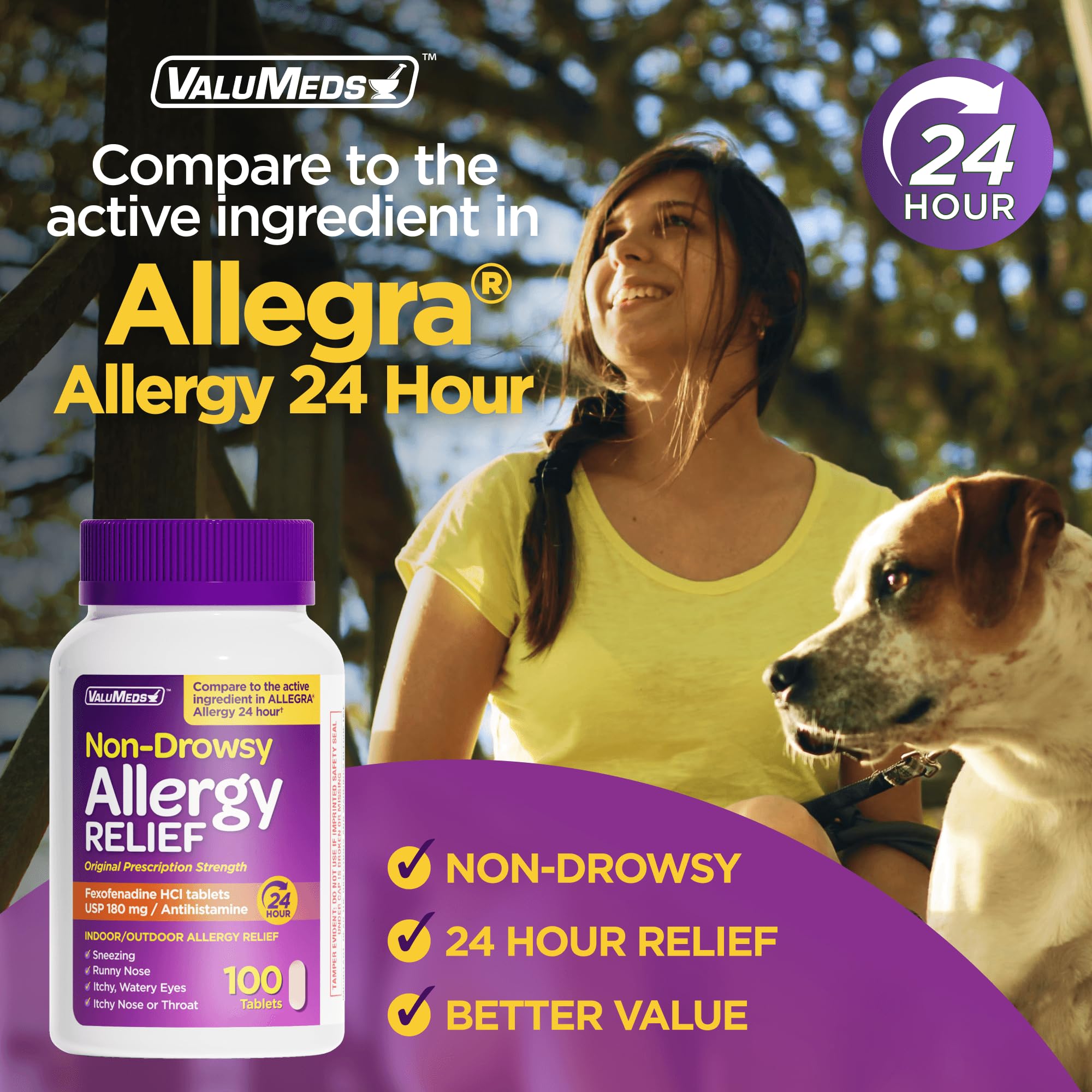 ValuMeds | Compare to Allegra | Fexofenadine HCl 180mg | 24-Hour Allergy Relief, Non-Drowsy Antihistamine Generic Medicine for Allergies, Hay Fever, Itchy Eyes | for Kids & Adults (100 Count) — Amazon image 2