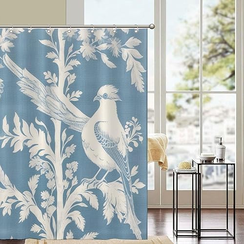 Miniatura 28 de Cortinas de ducha de baño con ganchos, 72 x 92 pulgadas, cortina de ducha de tela impermeable con diseño de flores y pájaros, cortina de ducha