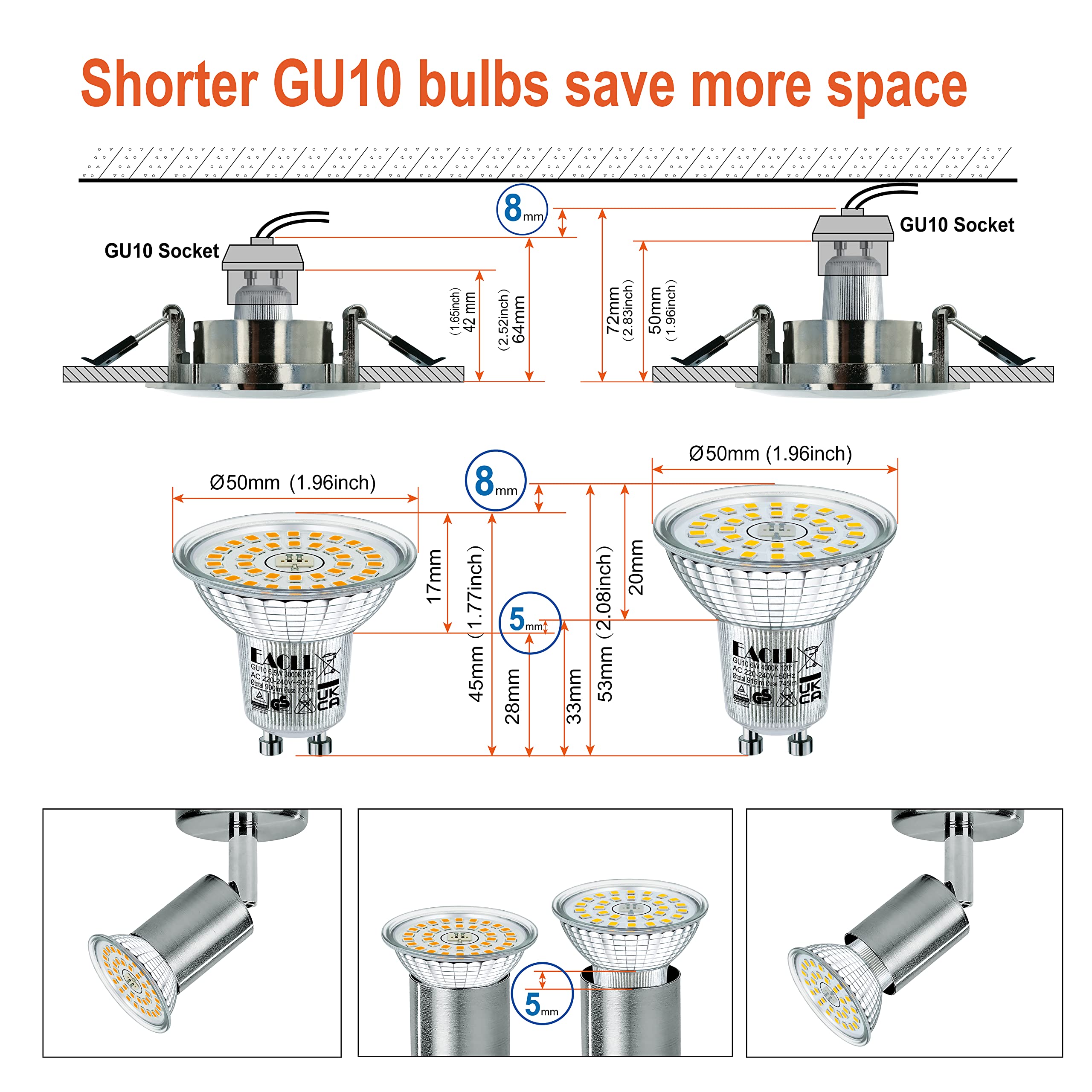 EACLL Żarówki LED GU10, zimna biel, 6,5 W, zastępuje żarówki halogenowe 100 W, 4 sztuki, 735 lumenów 6400 K, AC 230 V, bez migotania, kąt wiązki światła punktowego 120°, nieściemnialne krótsze lampy
