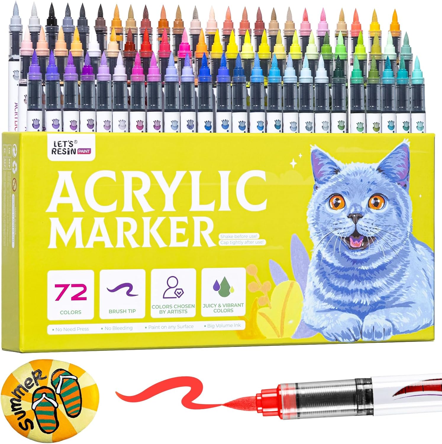 LET'S RESIN PAINT Acrylic Paint Markers Brush Tip 72 Colors,Automatic Ink Control Acrylic Paint Pens,No Bleed & Good Coverage Acrylic Markers for Adult Coloring,Rock Painting,Canvas,Wood,Gifts