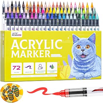 LETS RESIN PAINT Acrylic Paint Markers Brush Tip 72 Colors,Automatic Ink Control Paint Pens,No Bleed & Good Coverage Acrylic Markers for Adult Coloring,Rock,Canvas,Wood,Gifts