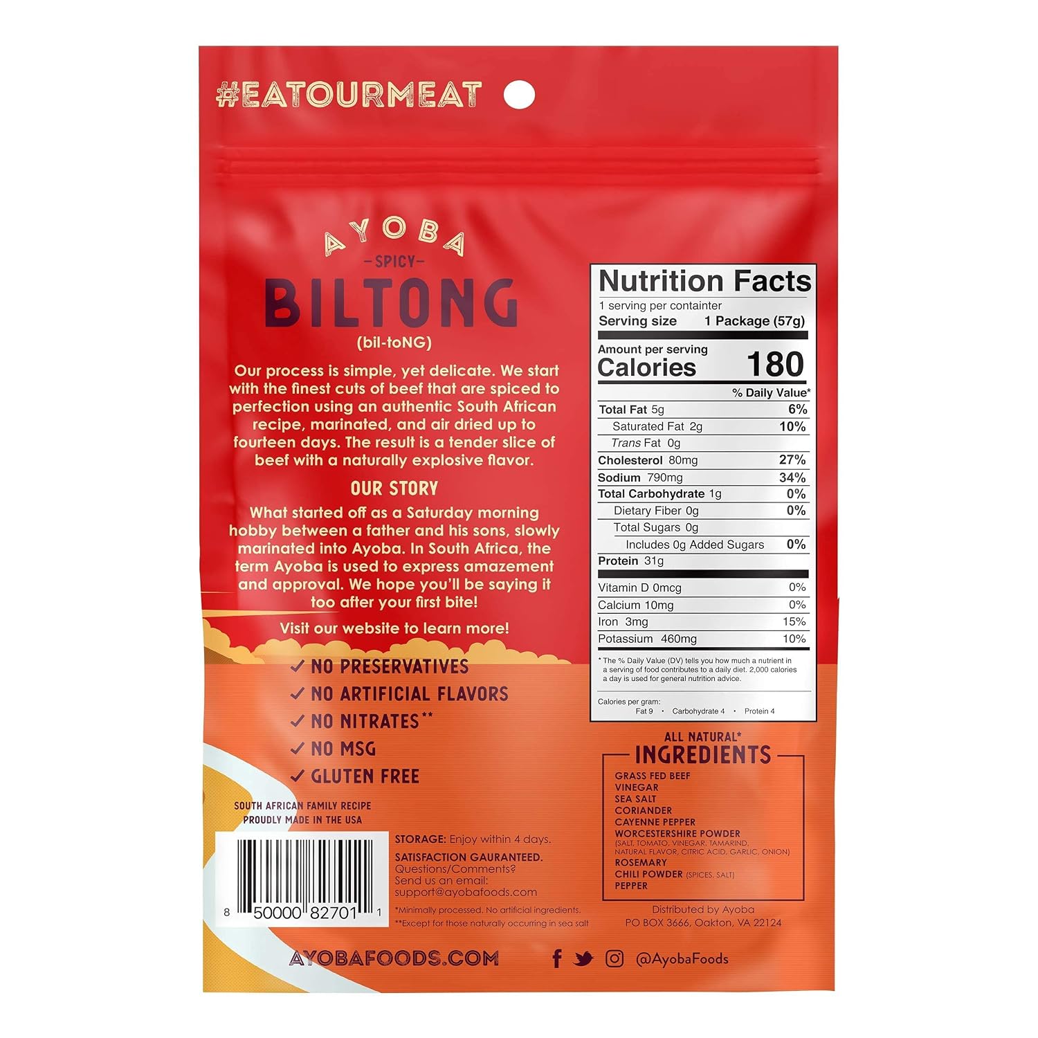 Ayoba Spicy Grass Fed Beef Biltong Slices (2 Ounce, Pack of 3) - Keto Friendly Air-Dried Grass Fed Beef Paleo Snacks - Gluten Free, Whole 30 Approved, Sugar free, No Carb Meat Snacks