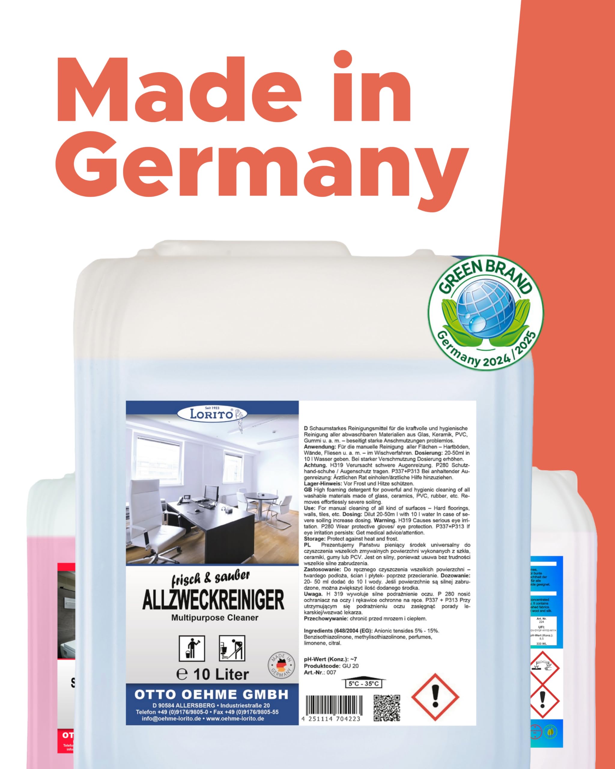 Lorito Set frisch & sauber Kalklöser 2 x 10L & Allzweckreiniger 2 x 10L | Reinigungsmittel gegen hartnäckige Verunreinigungen im Haushalt, ganzheitliches Reinigungs-Set für langanhaltenden Glanz