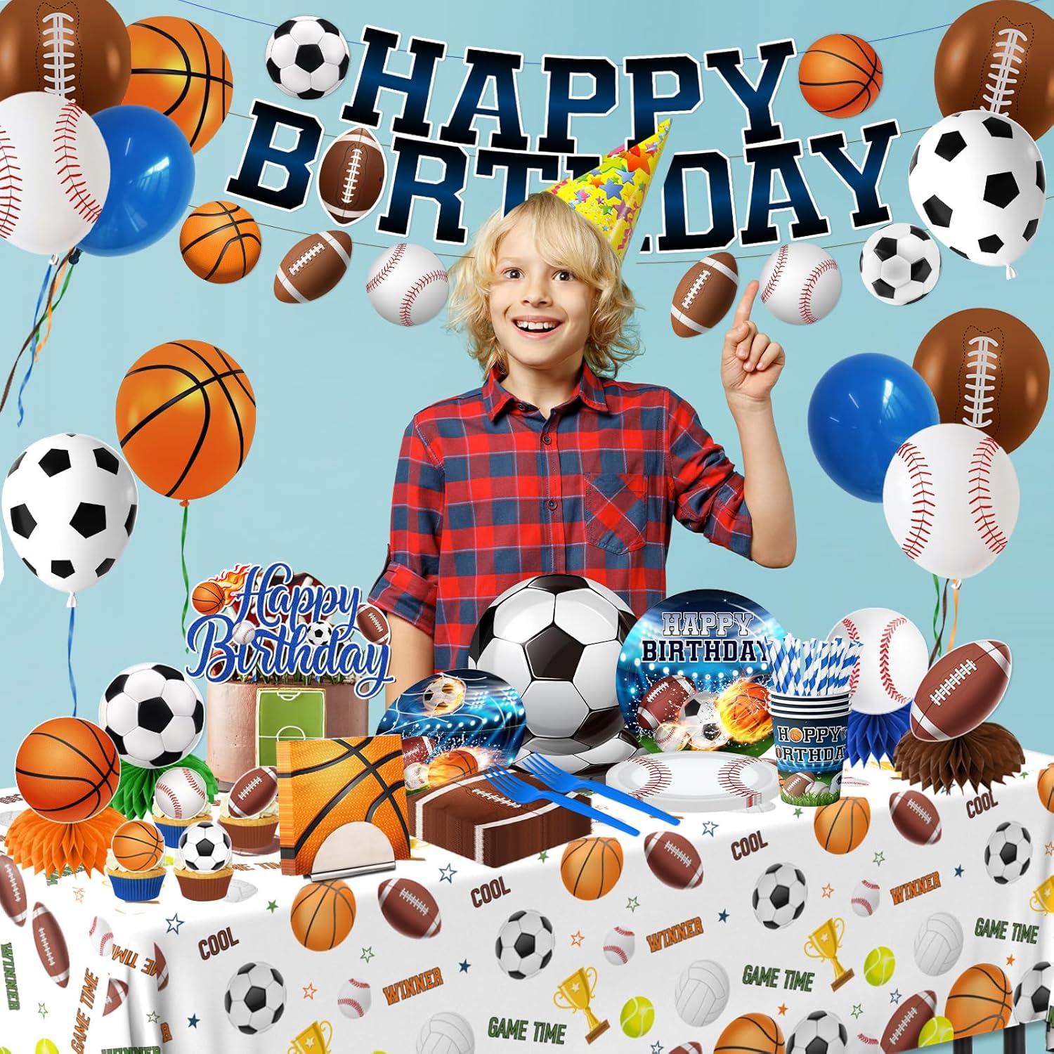 Sports Birthday Party Decorations-All Star Basketball Football Baseball Soccer Tableware Balloons Set for Boy Birthday,Serves 24