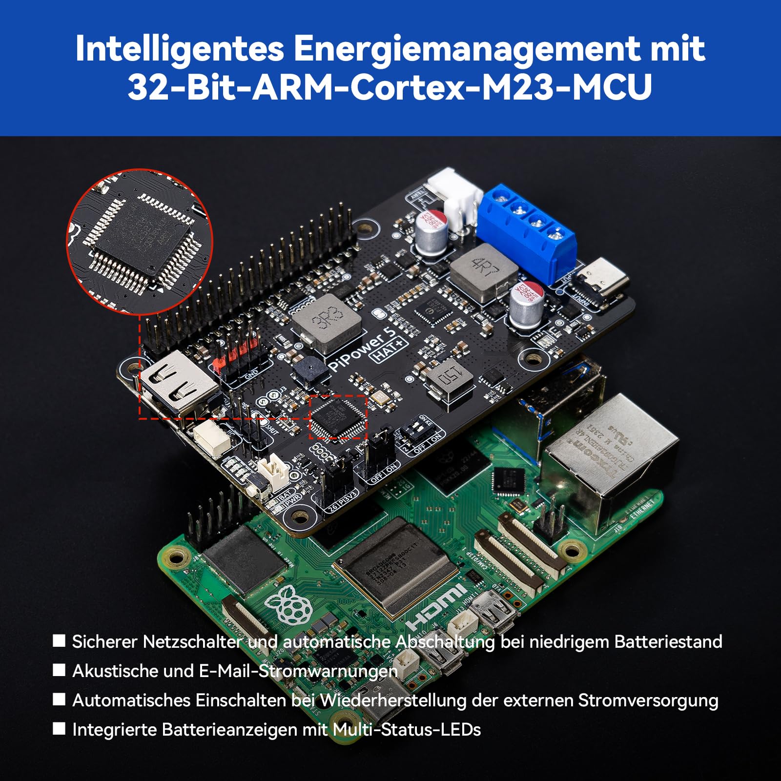 PiPower 5 UPS HAT für Raspberry Pi 5/4B/3B+/Zero 2 W, 5V/5A Netzteil mit Batterie-Backup, sicheres Herunterfahren, Smart Alerts & Monitoring, USB-C PD 45W für NAS, Server und Home Assistant