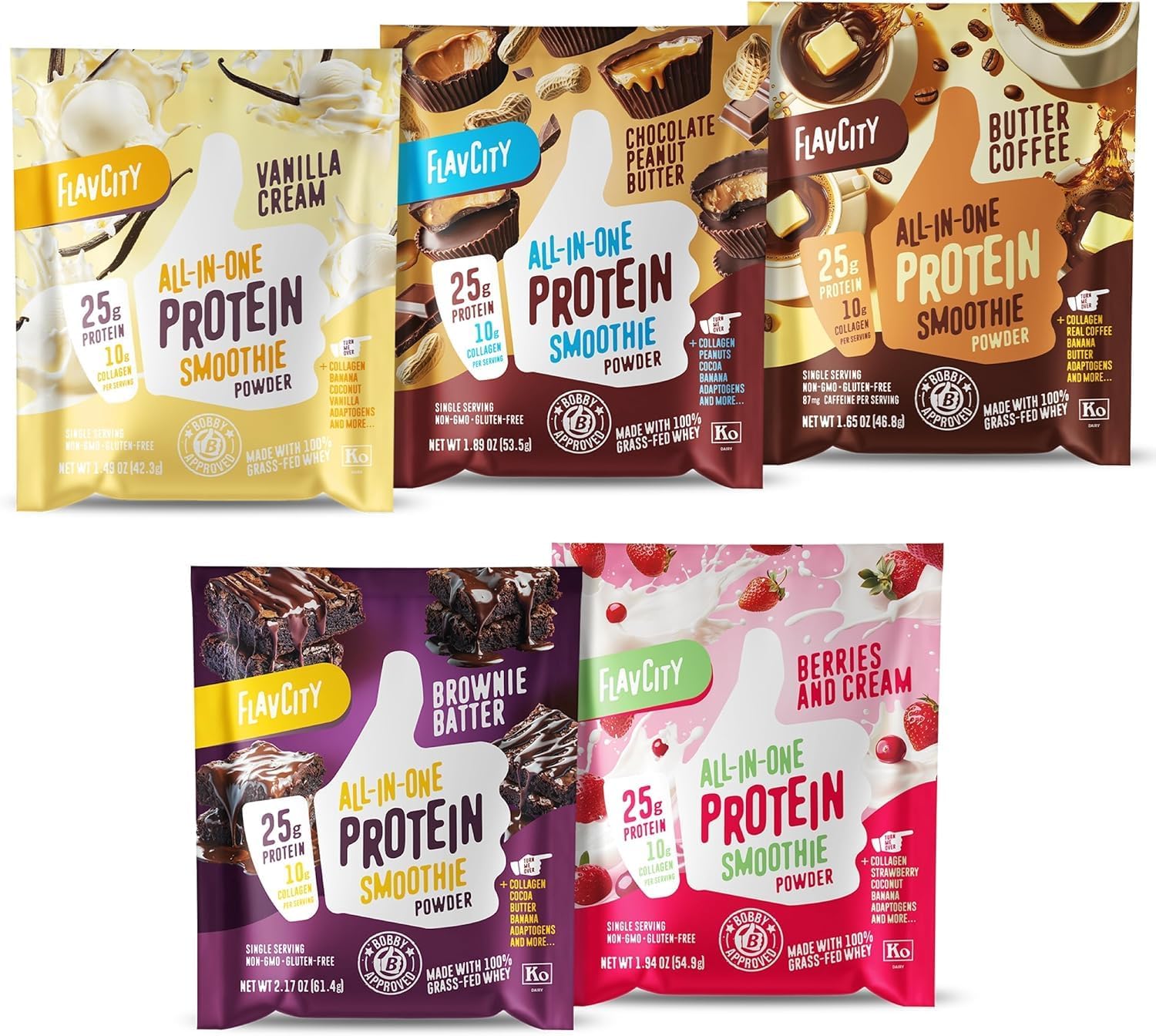 Grass Fed Whey Protein Powder - Variety Pack - 25g Protein & 10g Collagen - 5 Single Serve Packets - Made with Organic Reishi & Cordyceps - Gluten Free & No Added Sugars
