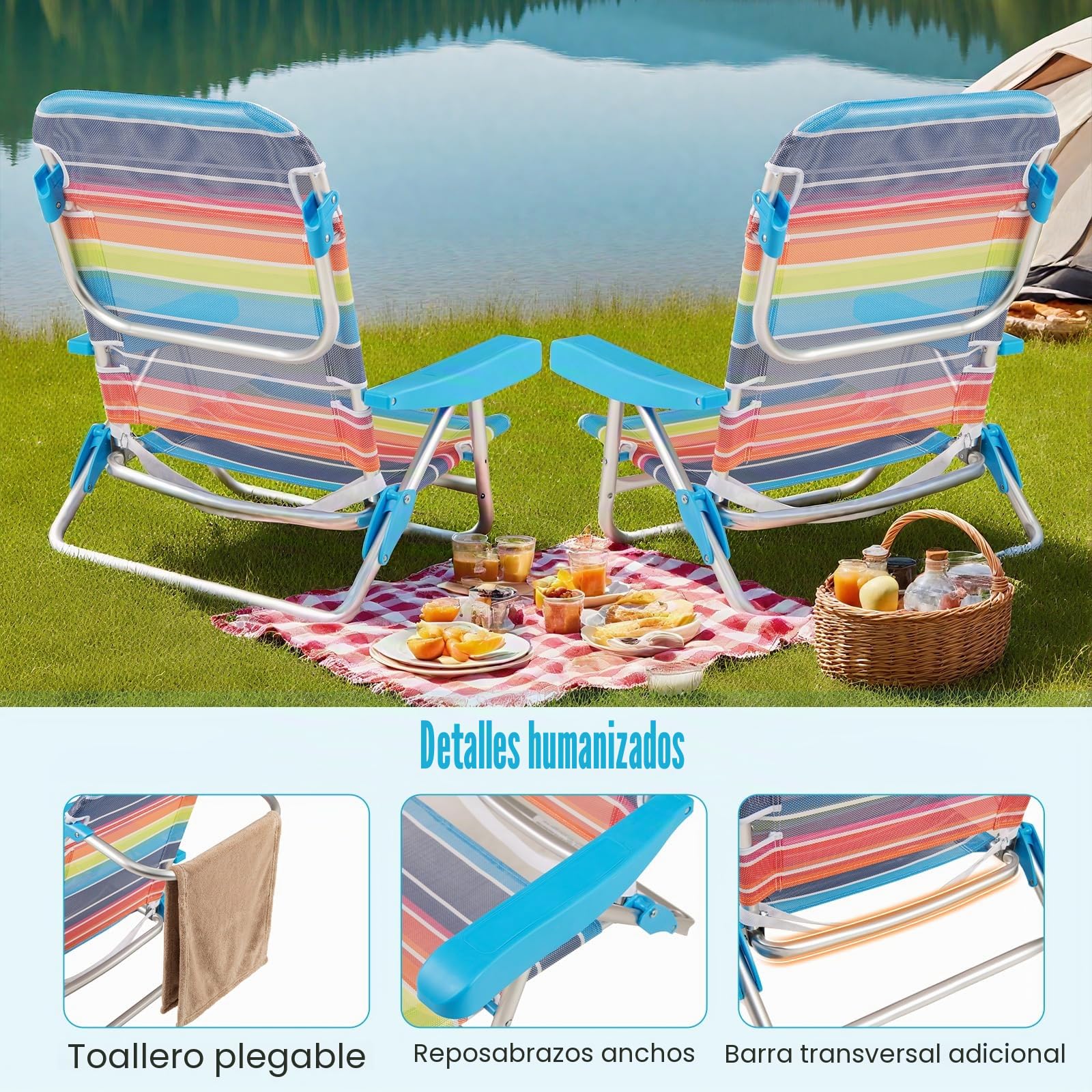 KOMFOTTEU Juego de 2 Sillas de Playa Plegable, Silla de Camping con Ajustable en 5 Posiciones, Tumbona Reclinable con Correa de Transporte, Carga de 150 kg, para Jardín, Pesca (Pequeño)
