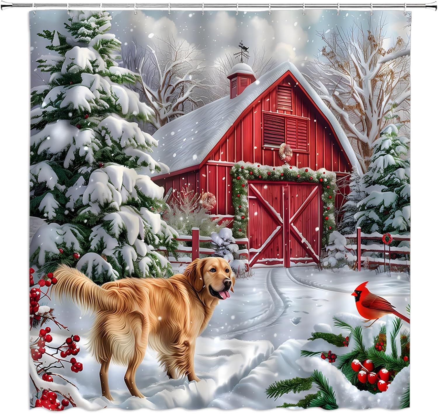 Farmhouse Christmas Shower Curtain Red Retro Farm Barn Cute Dog Pine Tree Forest Snowflake Rustic Winter Holiday Fabric Bathroom Decor Curtain with Hooks,70Wx96H Inches
