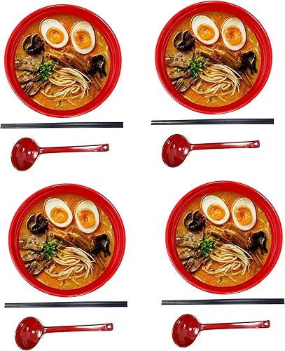 Miniatura 10 de TJ Global Juego de cuencos de sopa de fideos japoneses de melamina roja y negra de 48 onzas de plástico duro para fideos asiáticos Udon Soba Pho, 8