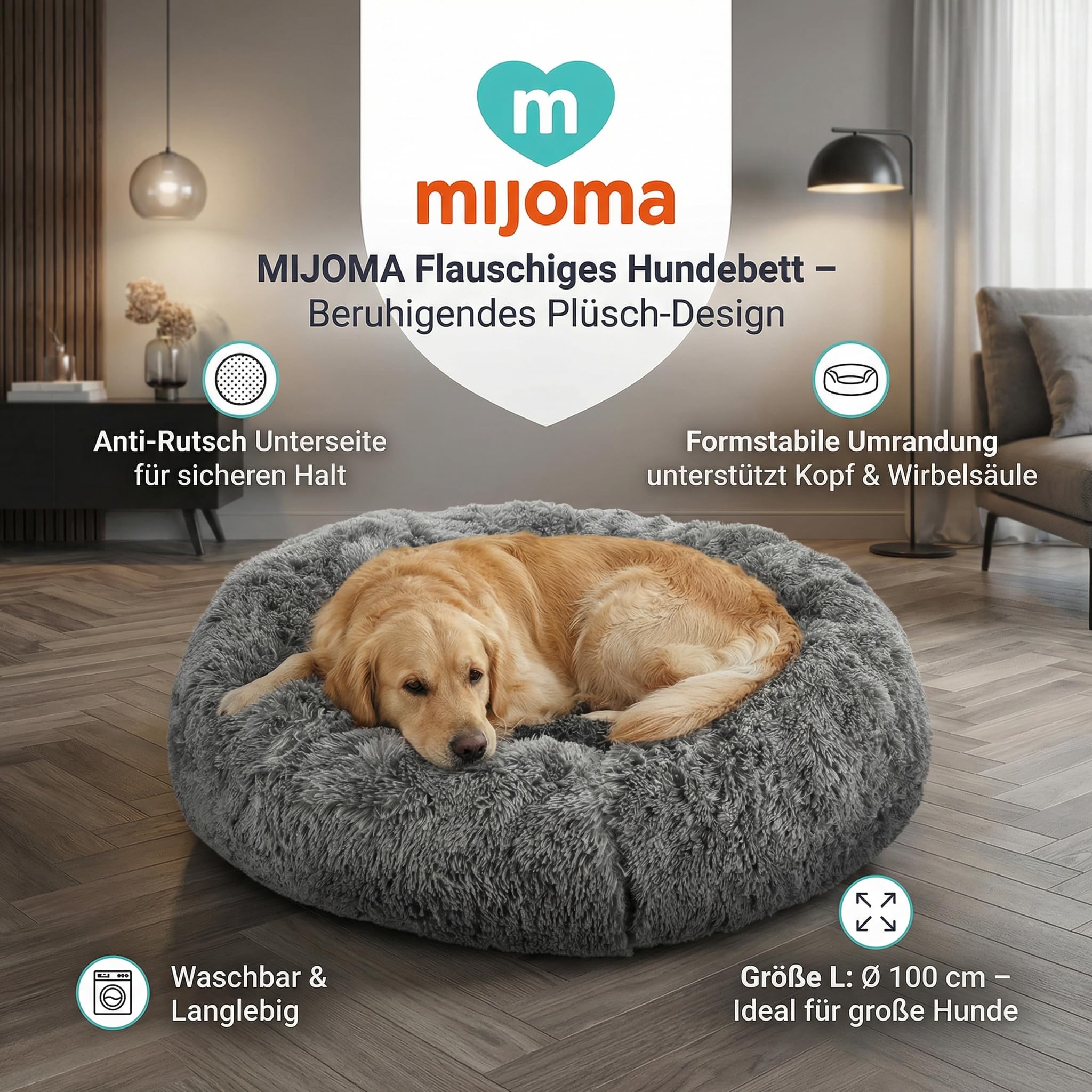MIJOMA Flauschiges Hundebett rund grau mit Anti-Rutsch Unterseite – Beruhigendes Hundekissen für kleine mittelgroße & große Hunde – Hundekorb aus Plüsch zur Entspannung (Größe L – Ø 100 cm)