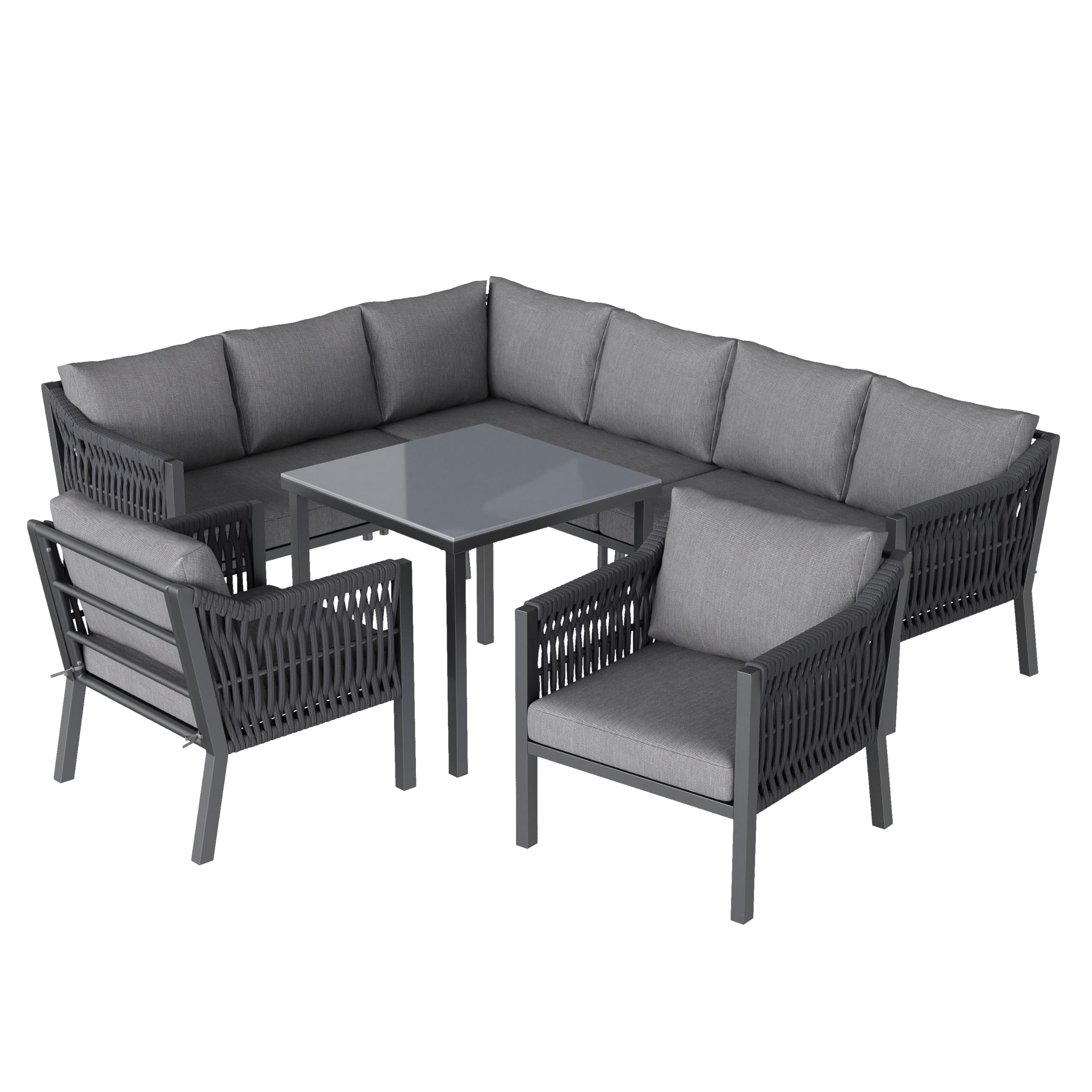 Muebles Jardin Exterior de 7-8 Plazas con 2 Sillones y Mesa, Sofa Terraza Exterior con Cojín Suave, Muebles Terraza Exterior con Reposabrazos Trenzado y Estructura Metálica, Gris