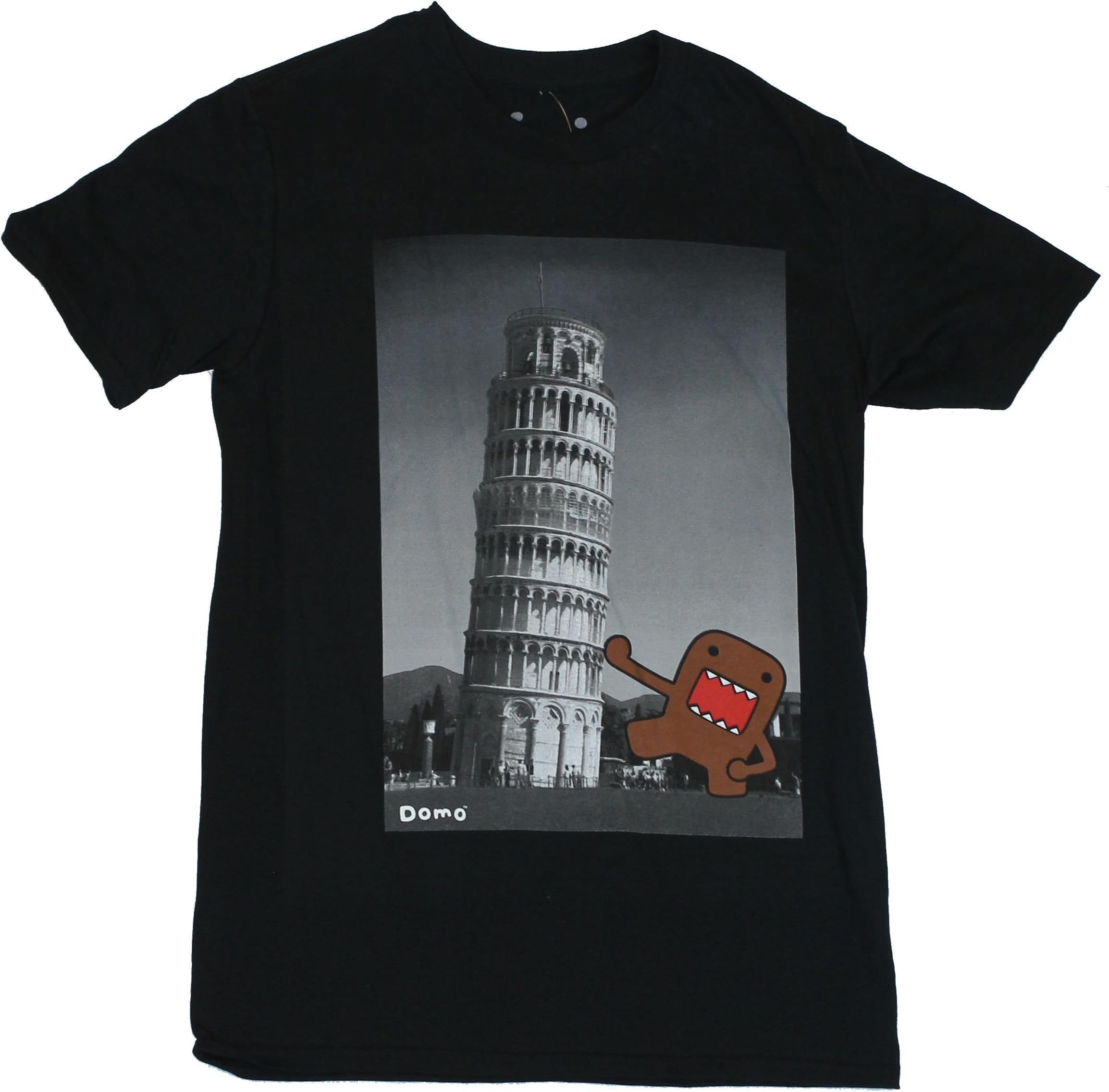 Domo (Everybody's Favorite Cuddly Japaneese Weirdo) Mens T-Shirt - Domo Attacks the Leaning Tower of Pisa on Black (Extra Large)