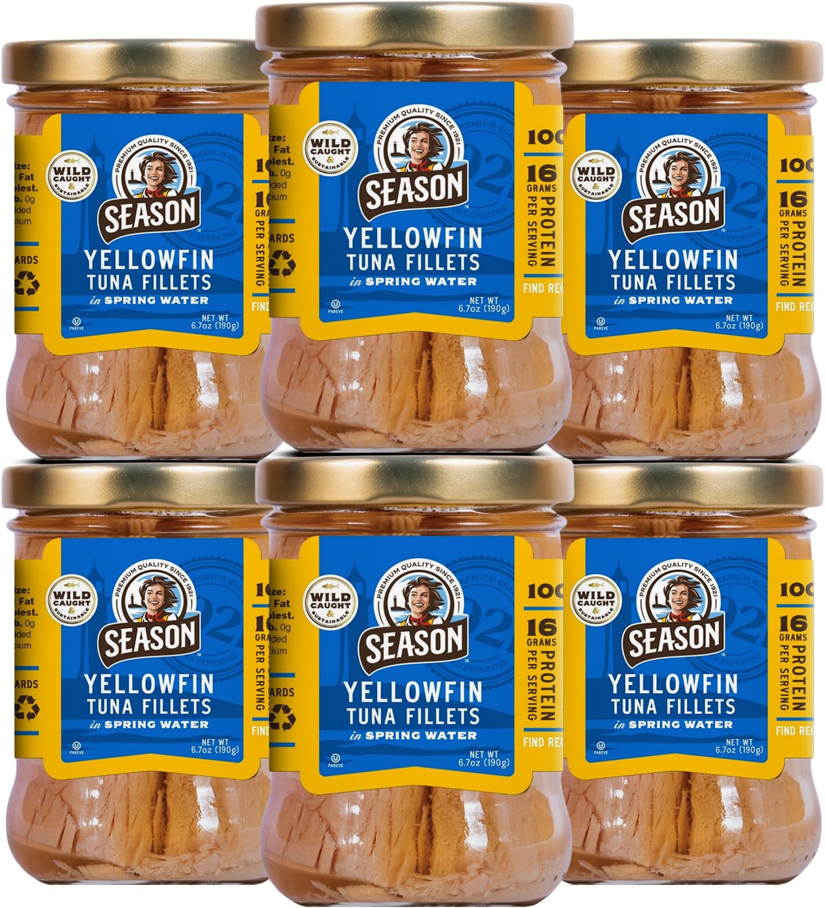 Season Yellowfin Tuna Fillets in Spring Water - Wild Caught, Hand-Packed in Glass Jars, 16g of Protein per Serving, Premium Quality - 6.7 Oz (Pack of 6)