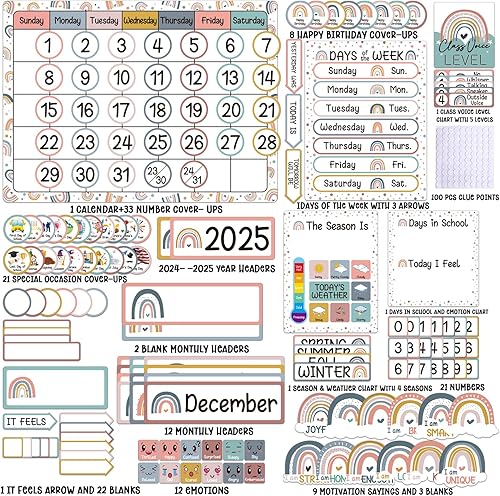 Miniatura 2 de Juego de tablero de anuncios de 98 piezas con calendario de arco iris bohemio con temporadas festivales clima y días de la semana para el aula