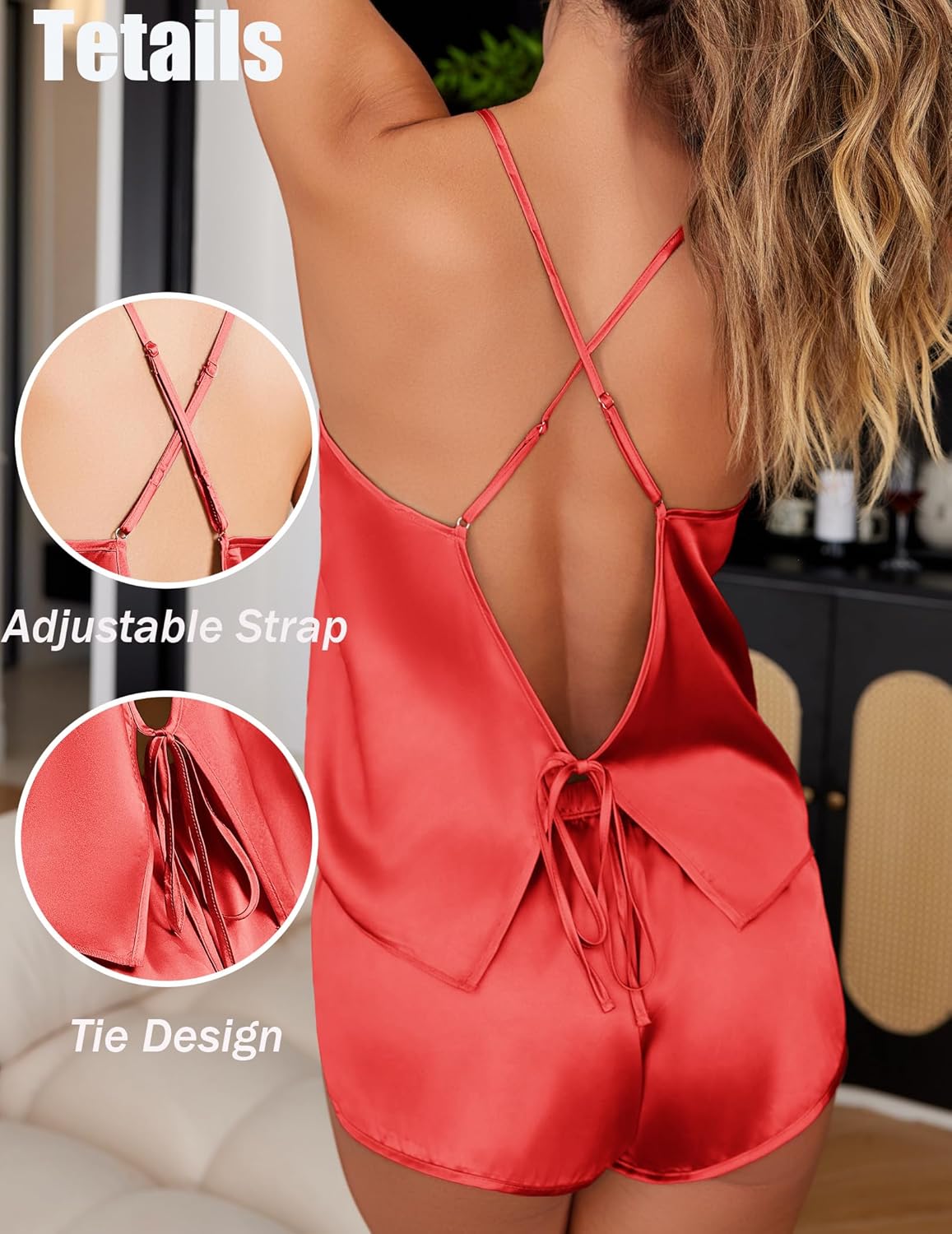 Ekouaer Womens Satin Pajama Set, Backless Cami Top and Shorts Soft Sleepwear for Lounging or Sleepwear - Image 4