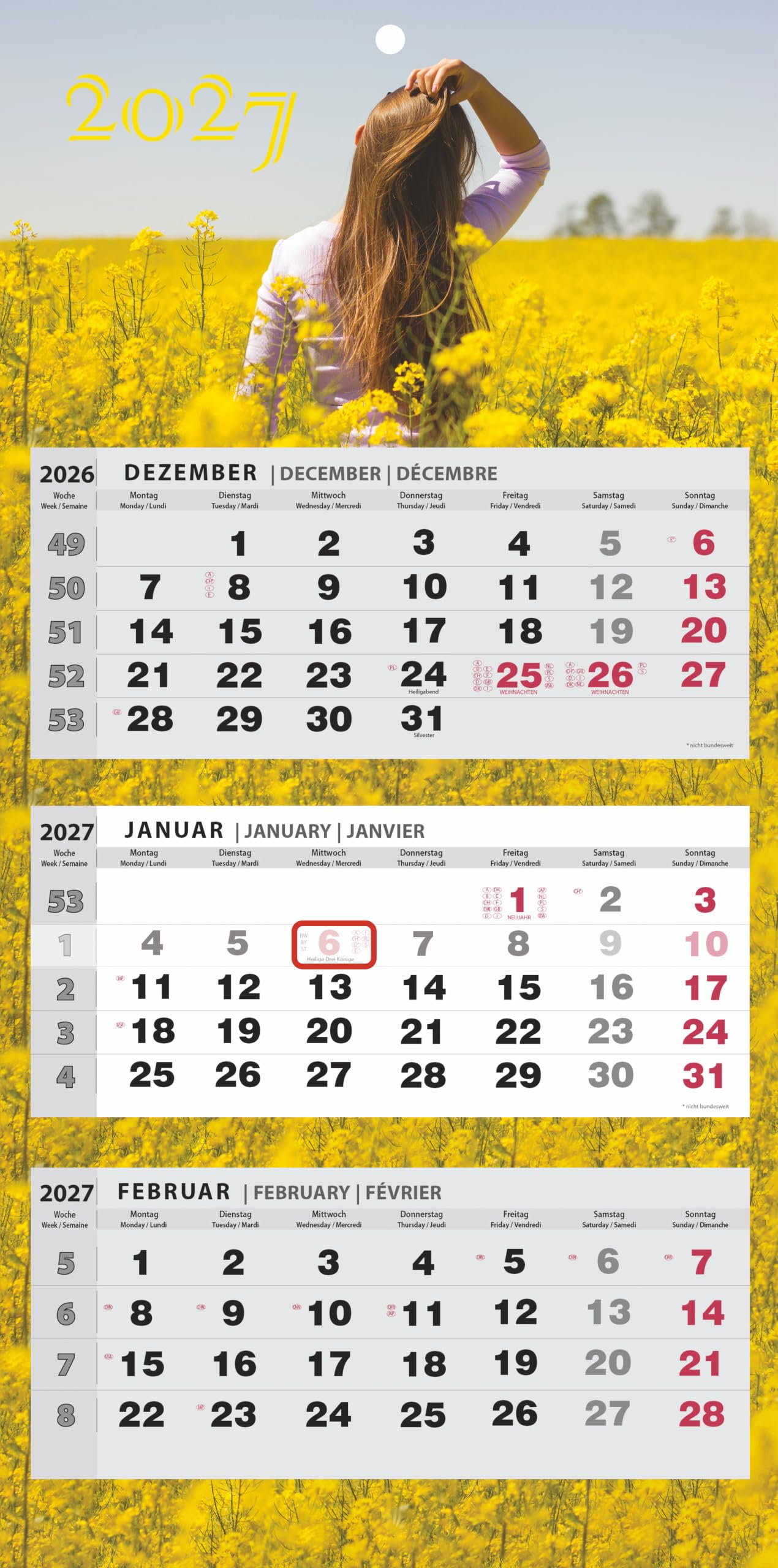 3-Month View Wall Calendar 2027 – Multi-Language (English, German, French) – Large Quarterly Planner for Home & Office – Sliding Date Indicator – Foldable Business Calendar — image 1