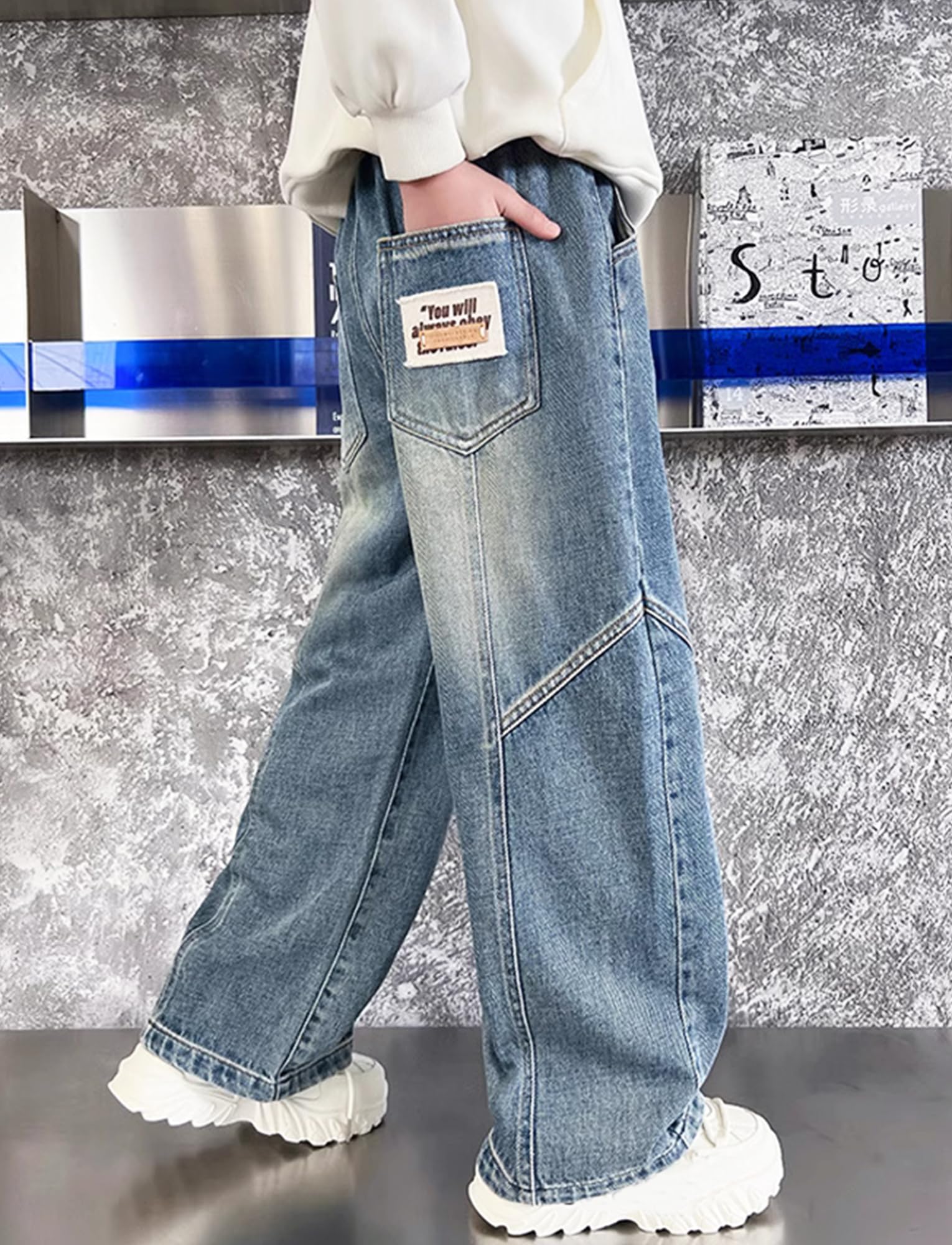 Jeans Baggy Niños Pantalones de Denim de Corte Recto Pantalones Vaqueros Cintura Elástica Vaqueros Corte Recto 5-14 Años