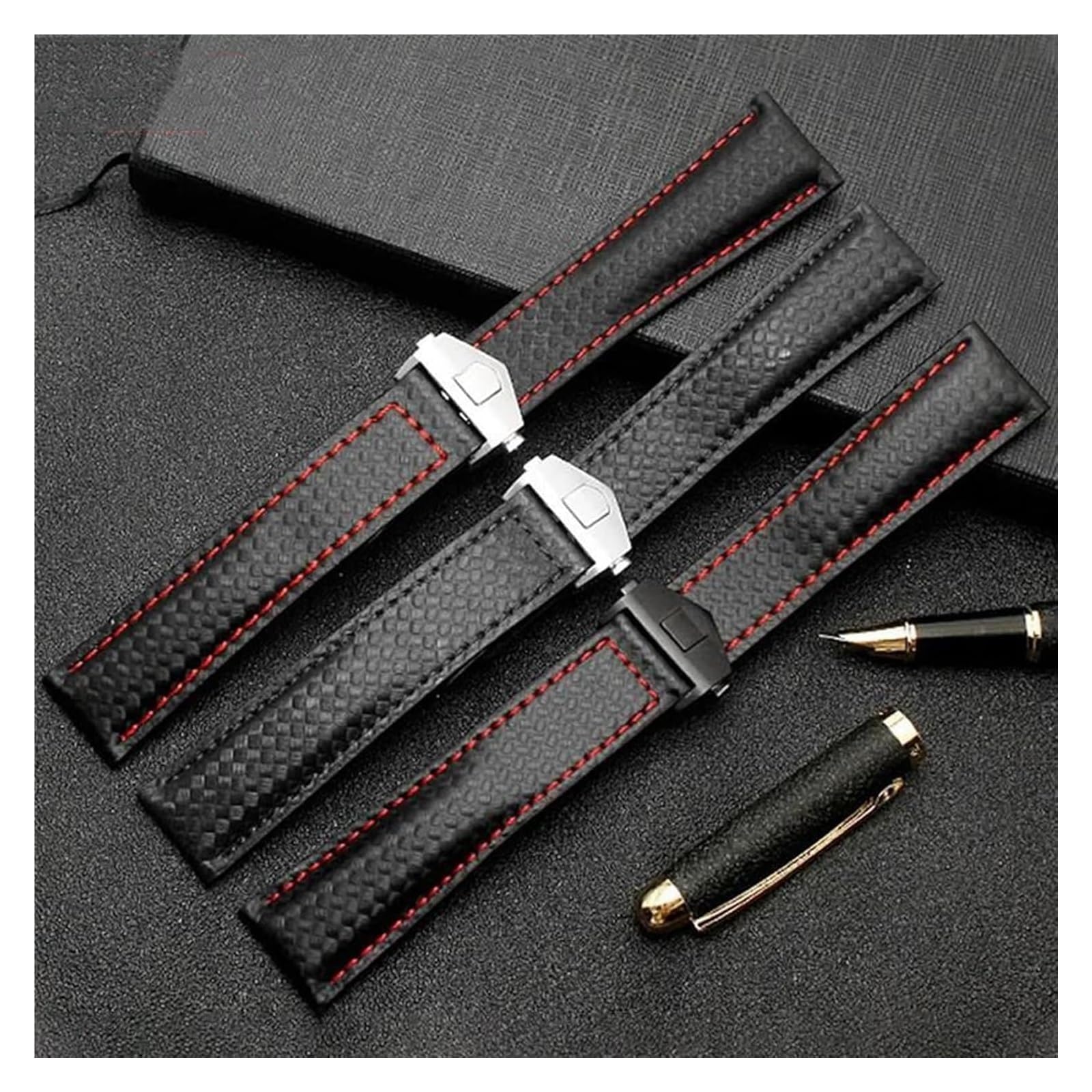 Uhrenarmbänder aus echtem Leder, Karbonfaser-Muster, echtes Leder-Uhrenarmband, Ersatzarmband for Herrenuhren(Black Red Silver,22mm)