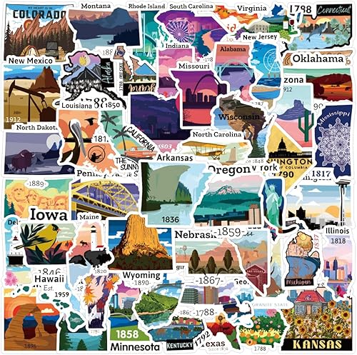 Funimost - Calcomanías de mapa de Estados Unidos, 50 unidades de calcomanías de vinilo impermeables para botellas de agua, laptop, computadora,
