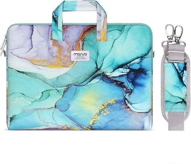 MOSISO Laptop Shoulder Bag Compatible with MacBook Pro 16 inch 2023-2019 M2 A2780 M1 A2485 Pro/Max A2141/Pro Retina 15 A1398, 15-15.6 inch Notebook,Carrying Briefcase Sleeve with Belt Marble MO-MBH189