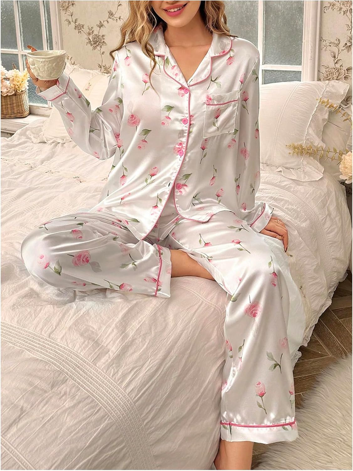 SweatyRocks Women's 2 Piece Satin Pajama Set Floral Print Button Down Long Sleeve Top and Pants Sleepwear - Image 5