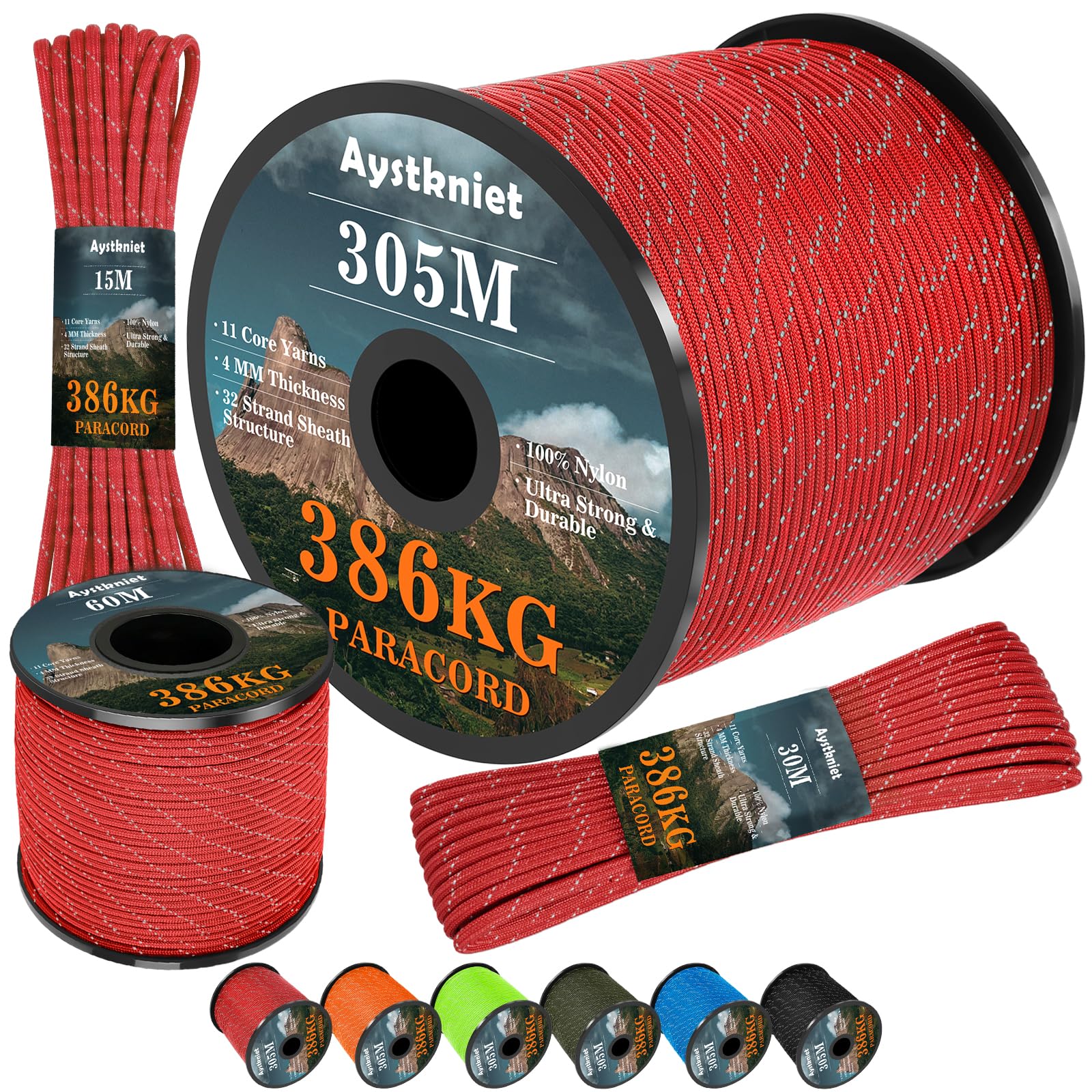 Aystkniet Reflective Paracord 850lbs, 4MM Rope, 11 Strands Outdoor Para Cord, Utility Parachute Cord Tactical Cord for Camping Hiking Survival Crafting DIY, 305M Red
