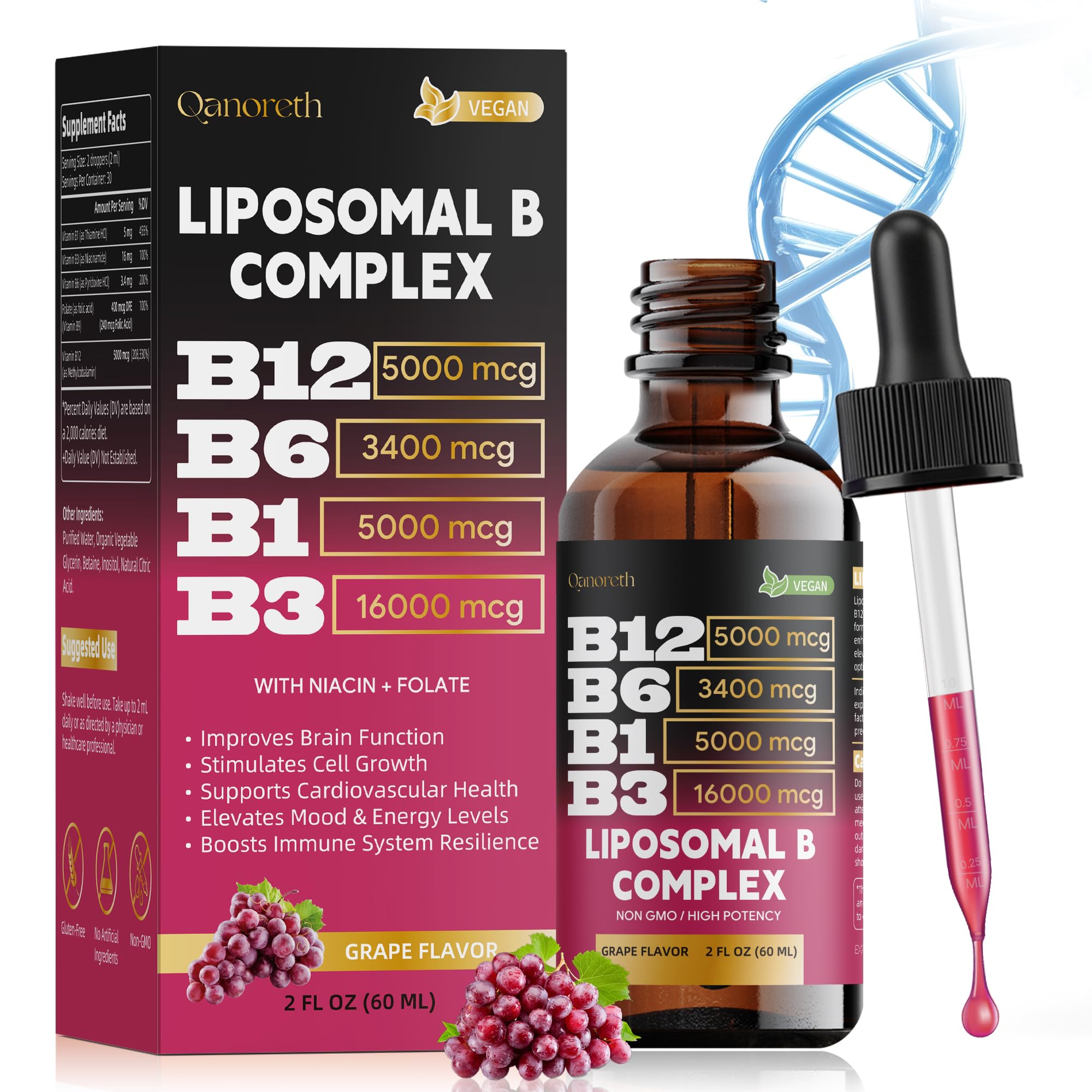 Qanoreth Suplemento de Vitamina B12 Lipossomal Sublingual com Metilcobalamina, B1, B6 e B3, 5000 mcg, 60 mL