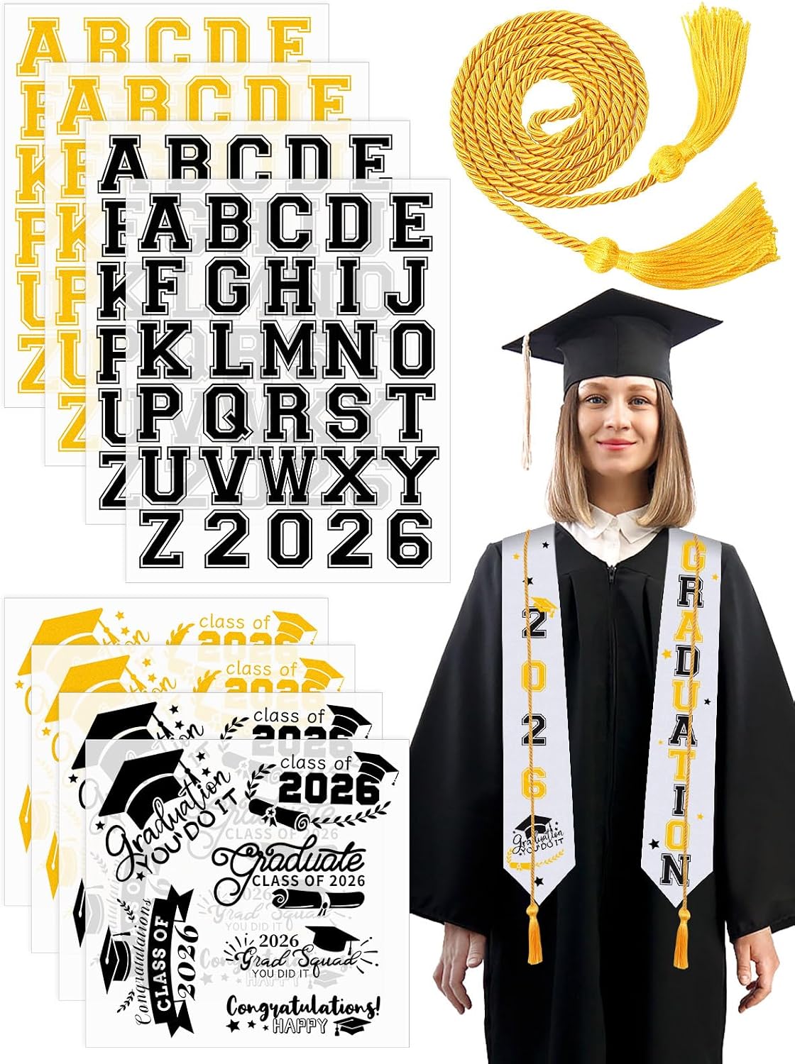 JULBEAR Graduation Stole Class of 2026, Graduation Cord DIY White Graduation Stole Gold Honor Cord Unisex Adult Graduation Sash with 8 Sheets Iron on Letters Patterns Number Patches (White)