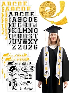 JULBEAR Graduation Stole Class of 2026, Graduation Cord DIY White Graduation Stole Gold Honor Cord Unisex Adult Graduation Sash with 8 Sheets Iron on Letters Patterns Number Patches White