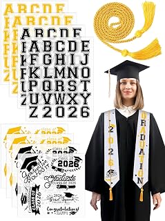 JULBEAR Graduation Stole Class of 2026, Graduation Cord DIY White Graduation Stole Gold Honor Cord Unisex Adult Graduation Sash with 8 Sheets Iron on Letters Patterns Number Patches (White)