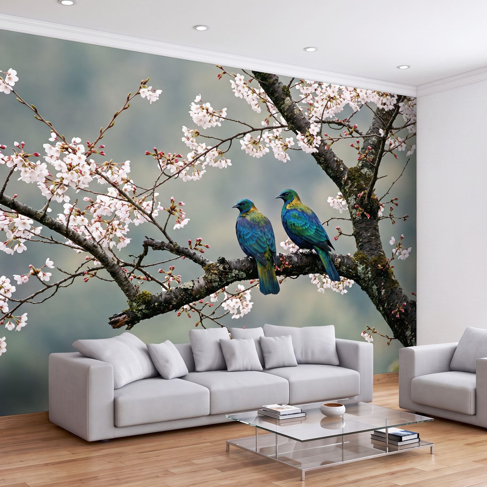 Landschaft Tiere Vögel Kirschblüten panoramiczna tapeta dla chłopców dziewcząt, 350 x 256 cm szary zielony gigantyczny plakat ścienny 3D, dekoracja ścienna premium do salonu, sypialni dorosłych