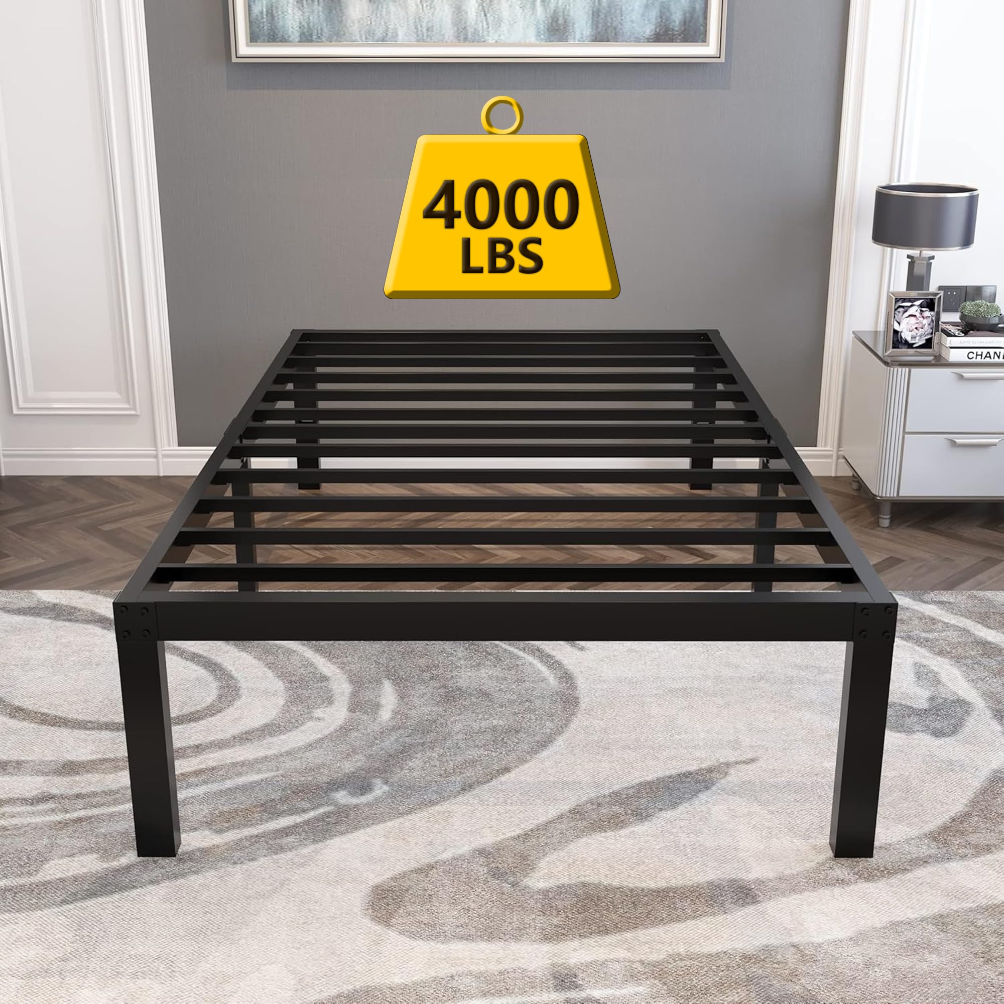 18 Inch Tall and Strong Platform Metal Bed Frame/Easy Assembly Mattress Foundation/ 4000lbs Heavy Duty Frame with Steel Slat Support/No Noise/No Box Spring Needed，Twin