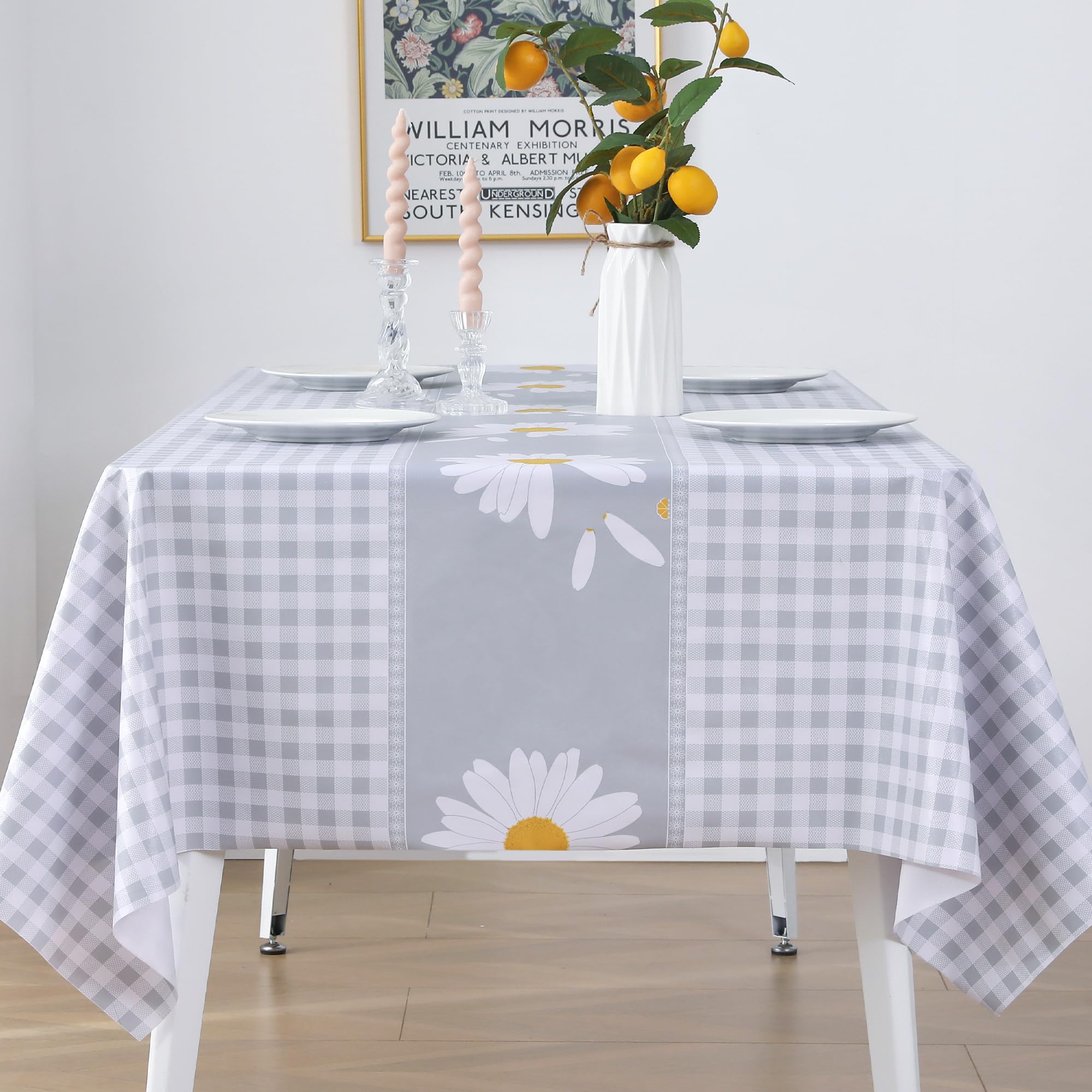 Rayapot Tovaglia Plastificata Rettangolare 140×180cm,Tovaglie in Plastica PVC Lavabile Impermeabile e Antimacchia,Facile da Pulire,Copritavolo per Cucina e sala da Pranzo-Griglia di Crisantemo Grigio