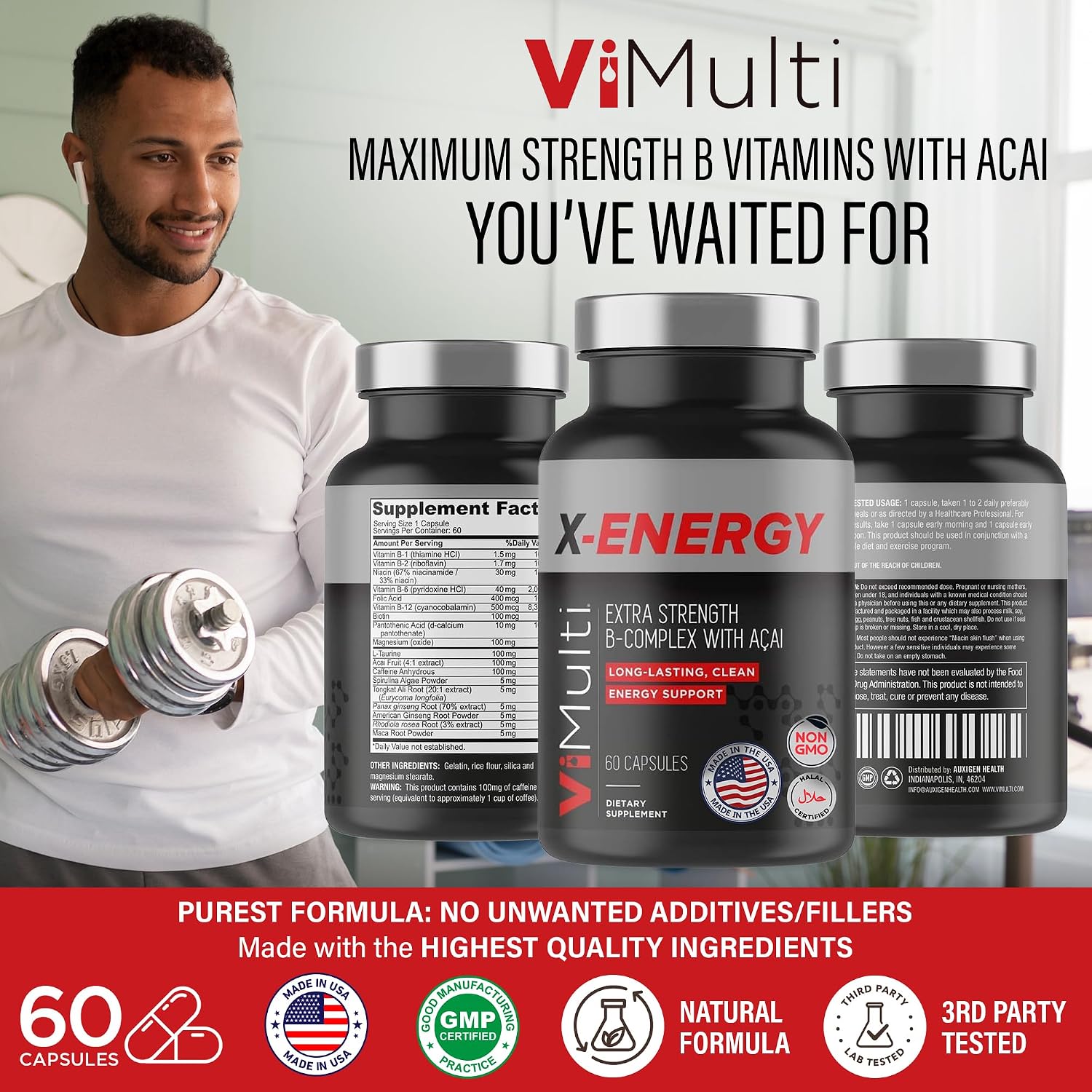 ViMulti X-Energy Vitamin B Complex Capsules with Caffeine, Taurine, Magnesium, Acai Extract, Ginseng, Rhodiola, Maca, Spirulina, Tongkat Ali, B1 B6 B12 Folate Dietary Supplement- 60 Capsules