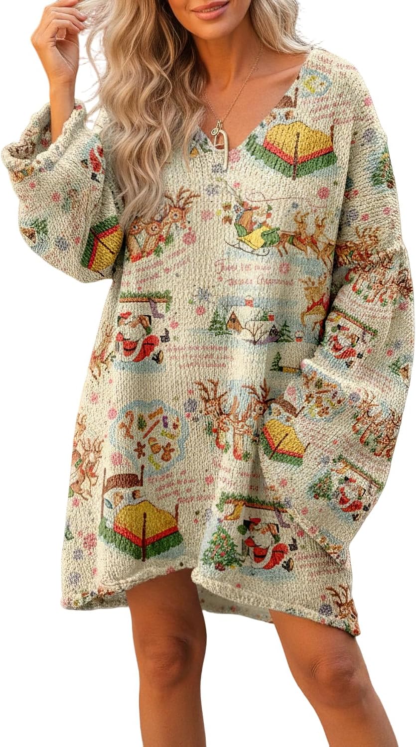 Women's Cute Graphic Print V-Neck Sweater Casual Fall Winter Oversized Long Sleeve Floral Printed Knit Pullover Tops