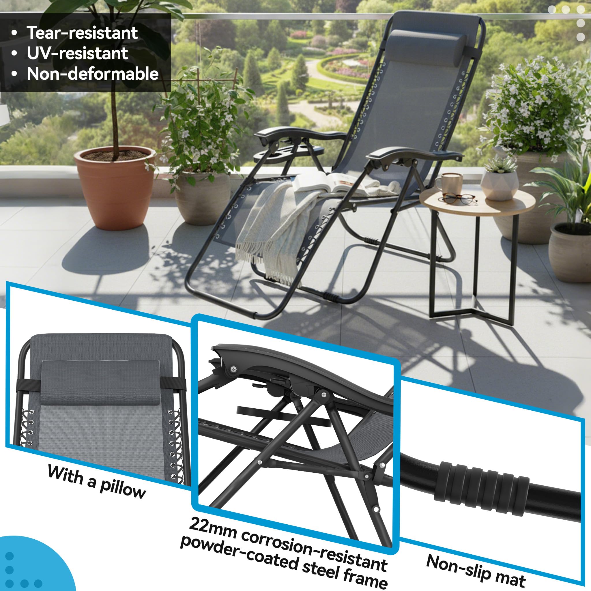 UISEBRT Sedia a sdraio pieghevole con cuscino e portabevande da giardino, extra larga, 64 cm, con schienale regolabile, per esterni, giardino, terrazza, grigio, set da 2 pezzi