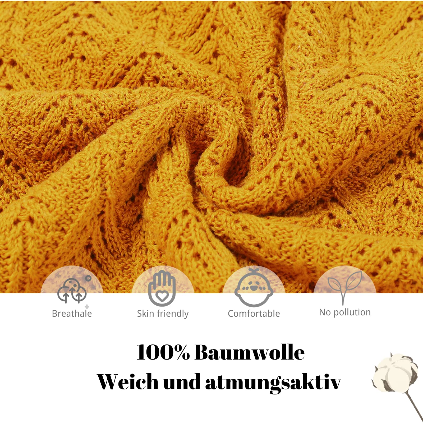 LAWKUL Baby Blanket Cellular Knitted 100% Cotton Soft Blankets for Newborn Boy Girls Toddler 100x80cm Mustard Yellow - Image 3