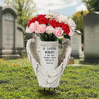 Lewondr Cemetery Vase for Grave, Angel Wing Grave Flowers Holder with Ground Spike, Garden Stake for Tomb Headstone Grave Decoration, Sympathy Gifts for Loss of Loved One, White