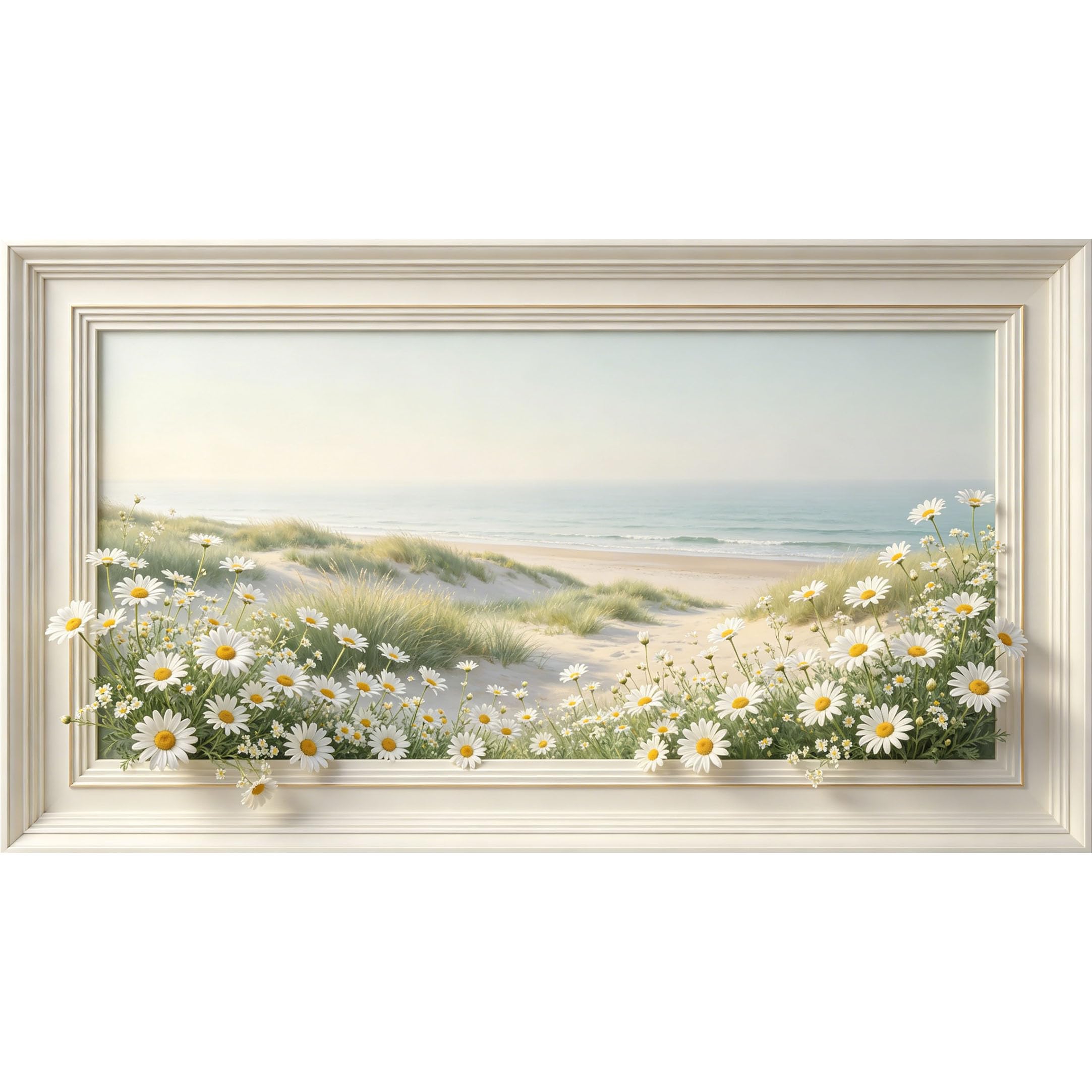 QZLITHOTIC 50×90cm3D Framed Wall Art， Coastal Daisy Beach Landscape Self?Adhesive Mural， Water?Activated Peel & Stick Fabric Decor Wall Decal for Bedroom Living Room