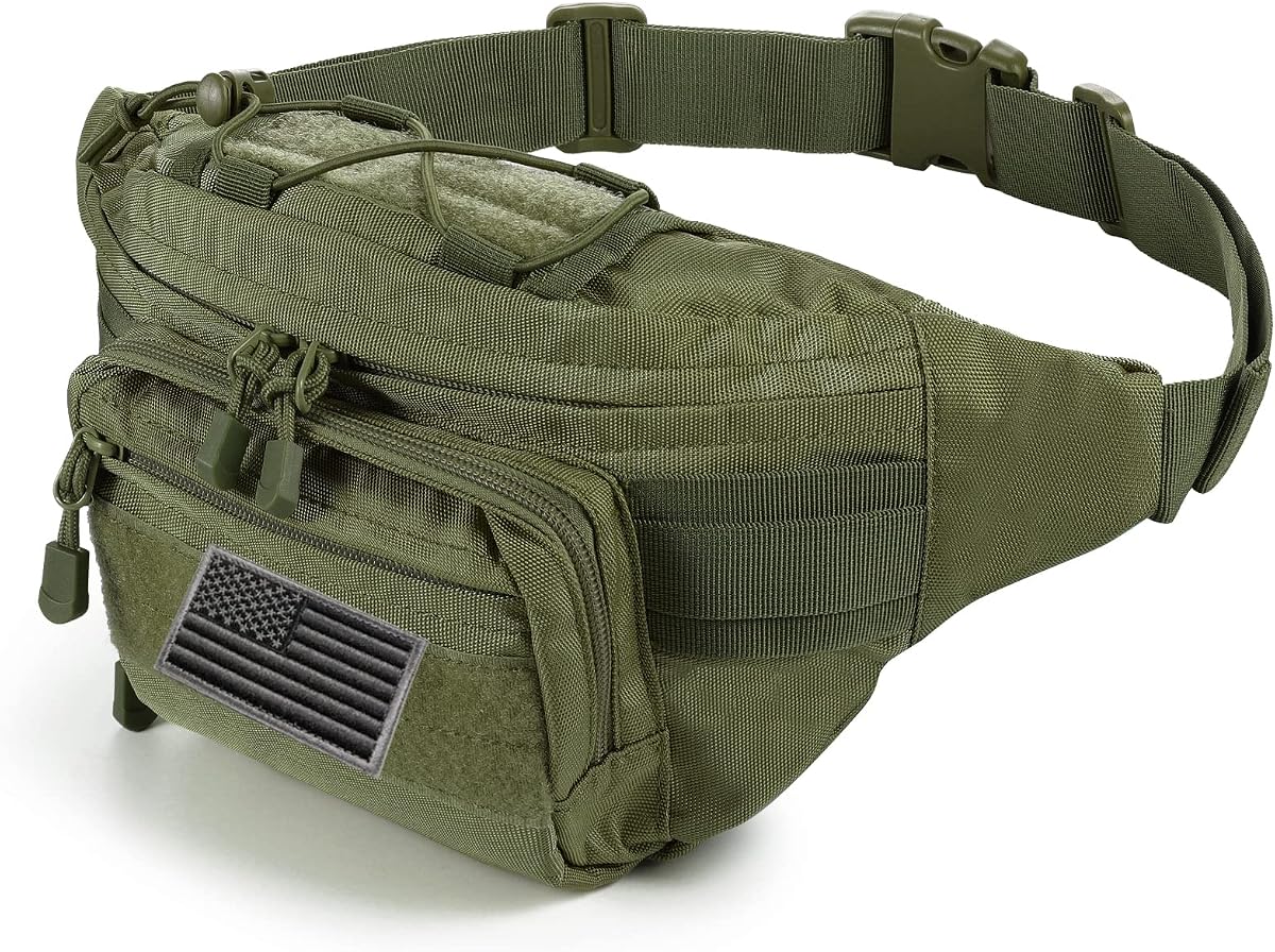 Tactical Fanny Pack Military Waist Bag Pack with USA Flag Patch Utility Hip Pack with Adjustable Strap for Outdoors Fishing Cycling Camping Hiking Dog Walking (Army green 2)