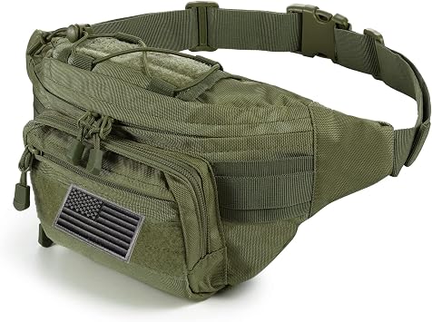 FRTKK Tactical Fanny Pack Military Waist Bag Pack with American Flag Patch Utility Hip Pack with Adjustable Strap for Outdoor Fishing Cycling Camping Hiking Dog Walking Army Green 2, 14.9 x 5.9 x 3.9 inches, Fanny Pack
