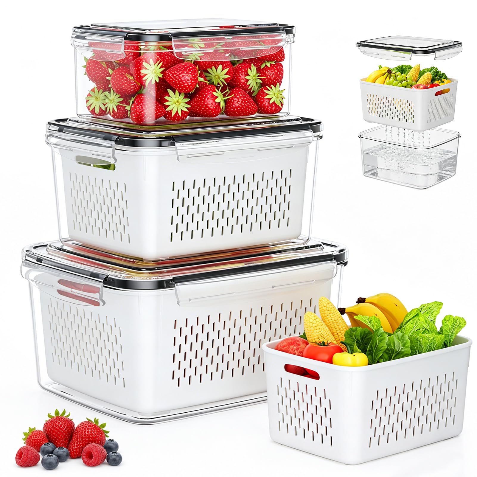 JSCARES Fruit Storage Containers for Fridge - 3 Pack Produce Storage Containers with Removable Colander, Leakproof Food Organization Keep Fruits Berry Veggie Salad Meat Fresh Longer
