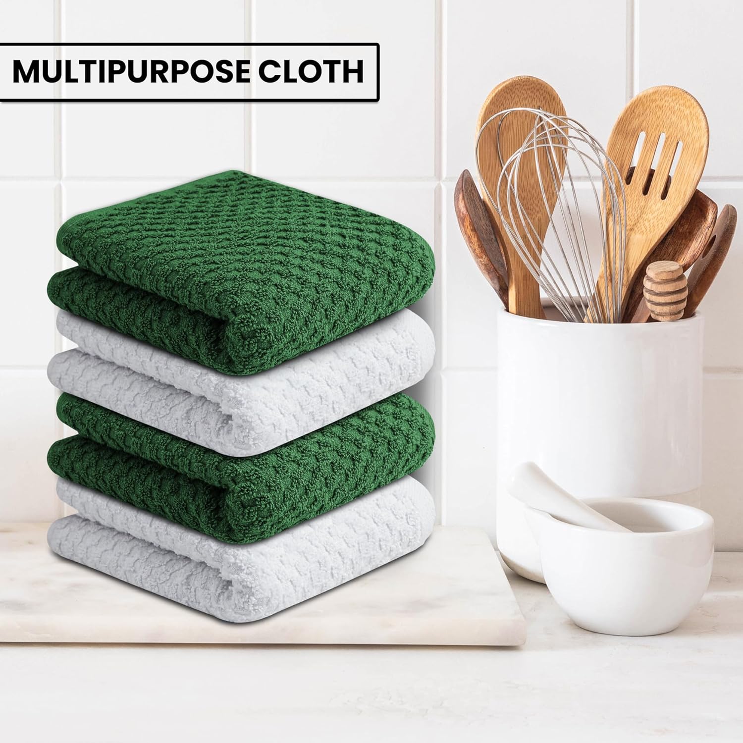 Infinitee Xclusives Premium Dish Cloth - Green [Pack of 4] 100% Cotton 13 x 13 Inches + 12 Pack Premium Green Wash Cloths and Face Towels, 13x13 100% Cotton, Soft and Absorbent Washcloths Set