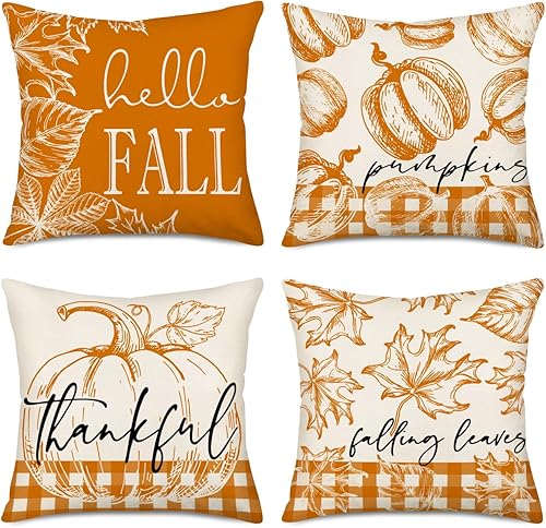 Juego de 4 fundas de almohada decorativas de 22 x 22 pulgadas con diseño de búfalo naranja, calabazas y hojas que caen al aire libre, almohadas