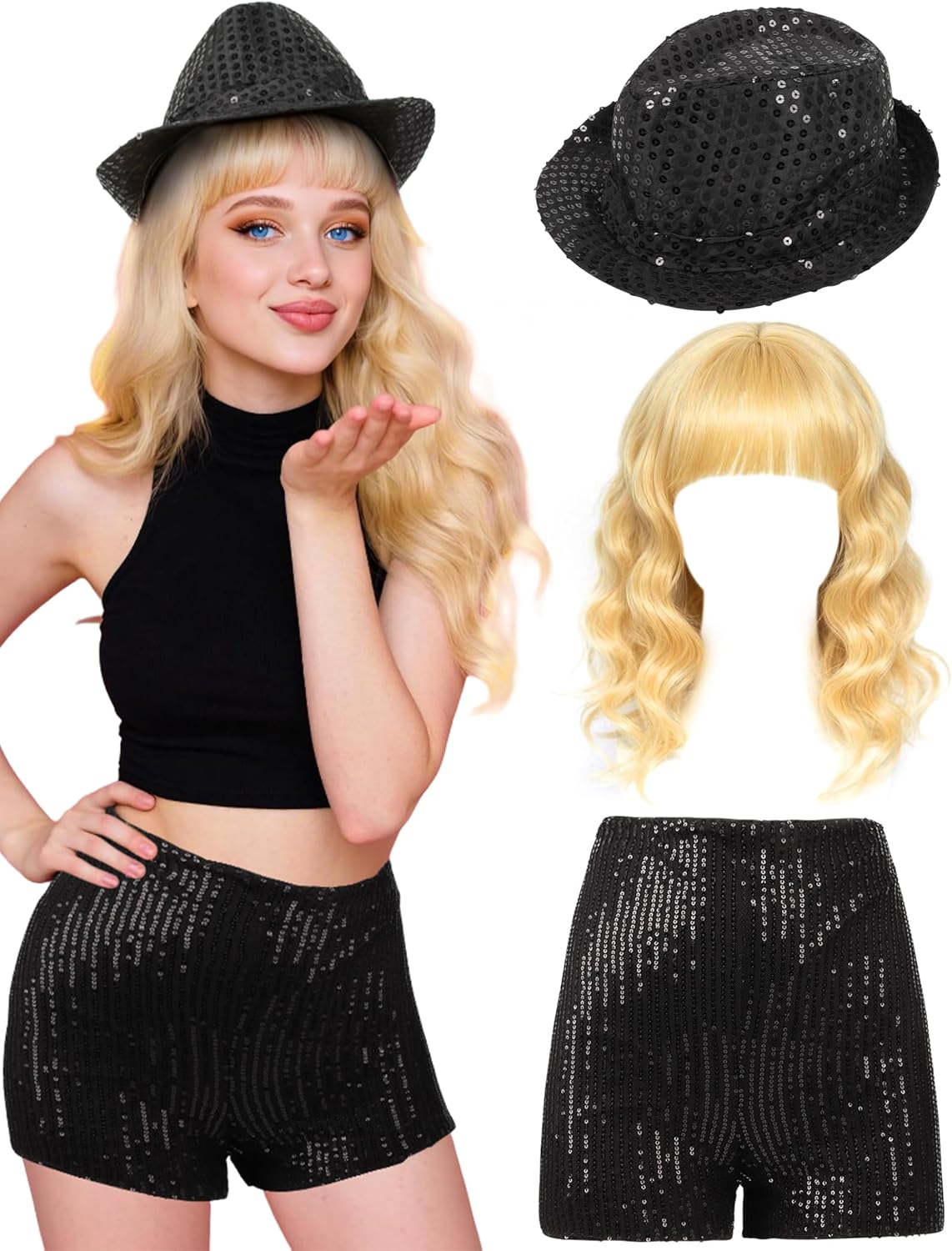 Size XS 3 Pcs Halloween Singer Costume Wavy Blonde Wig Sequins Fedora Hat Shorts for Party Cosplay Music Festival Concert X-Small