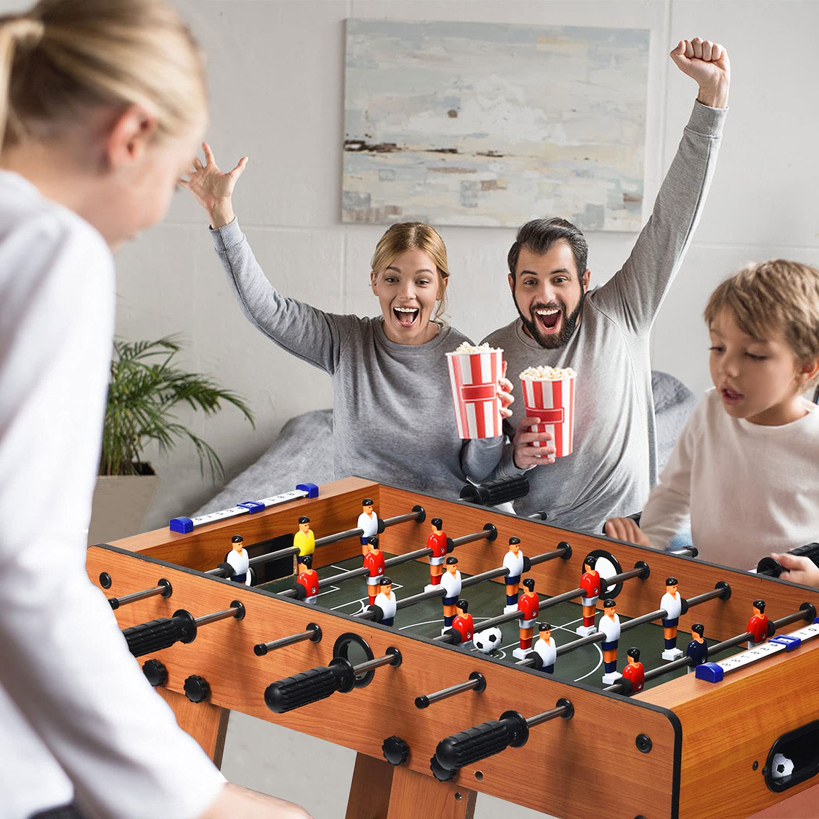 RELAX4LIFE Klappbarer Tischkicker, Tischfußball mit 2 Fußbällen & 18 Fußballspielern & Punktezähler, Kickertisch für Erwachsene & Kinder ab 3 Jahren, Spieltisch für Kneipe Wohnzimmer Café, braun