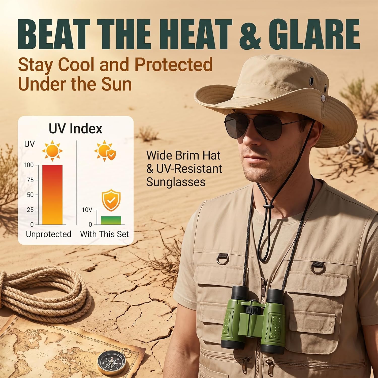 4 Pcs Men Safari Costume Set Outdoor Adventure Outfit with Hat, Vest, Sunglasses & Telescope, Breathable Hunting Fishing Kit Zoo Keeper Outfit Accessories for Halloween Cosplay Khaki