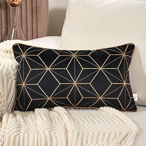 Aeckself Funda de almohada de terciopelo bordado negro de 12 x 20 pulgadas, funda de almohada lumbar decorativa moderna geométrica a cuadros dorados