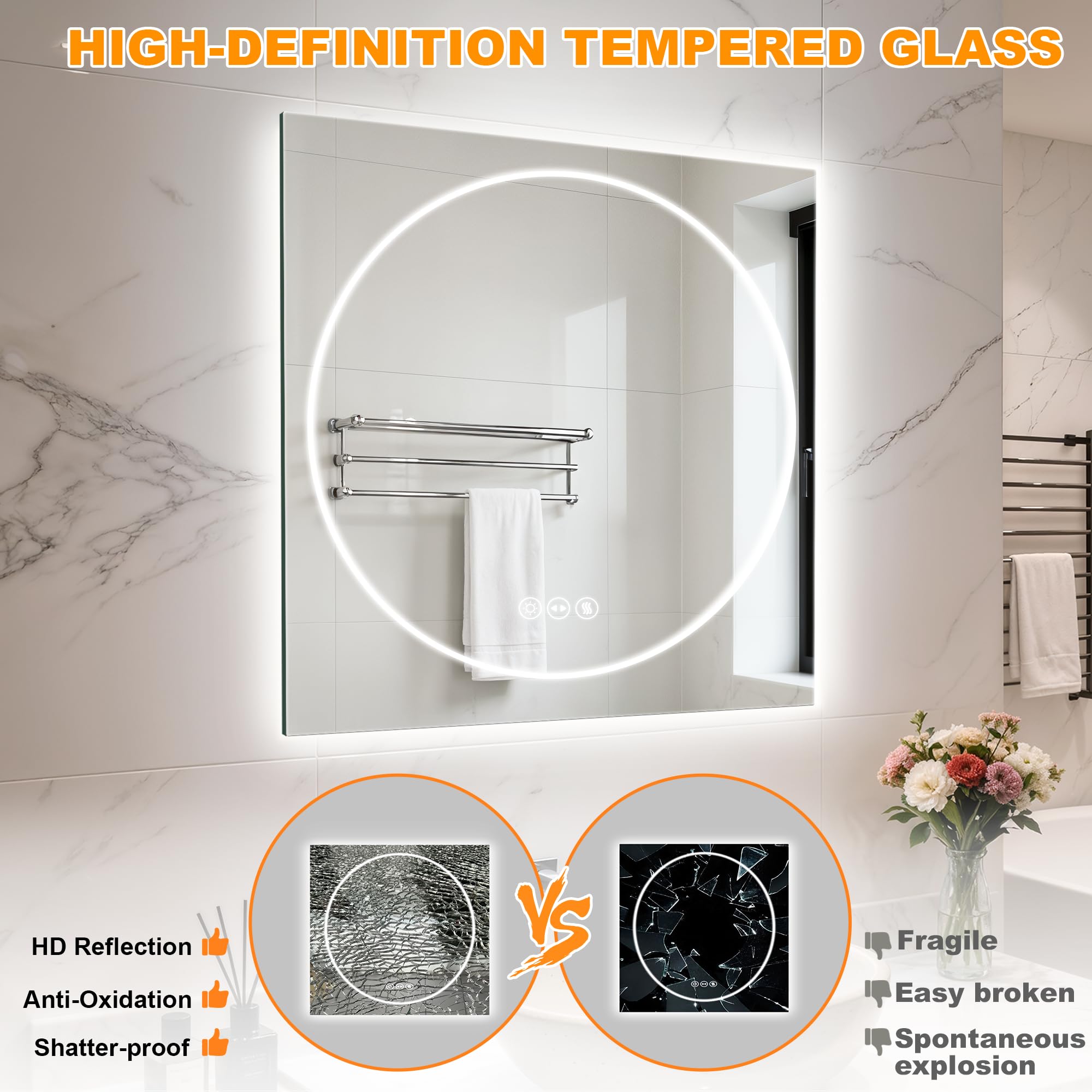 LUVODI Miroir de Salle de Bain avec éclairage, 70 x 70 cm, Miroir Mural et Interrupteur Tactile, IP65 LED, avec Fonction mémoire, 3 températures de Couleur, Horizontale/Verticale, Verre trempé HD
